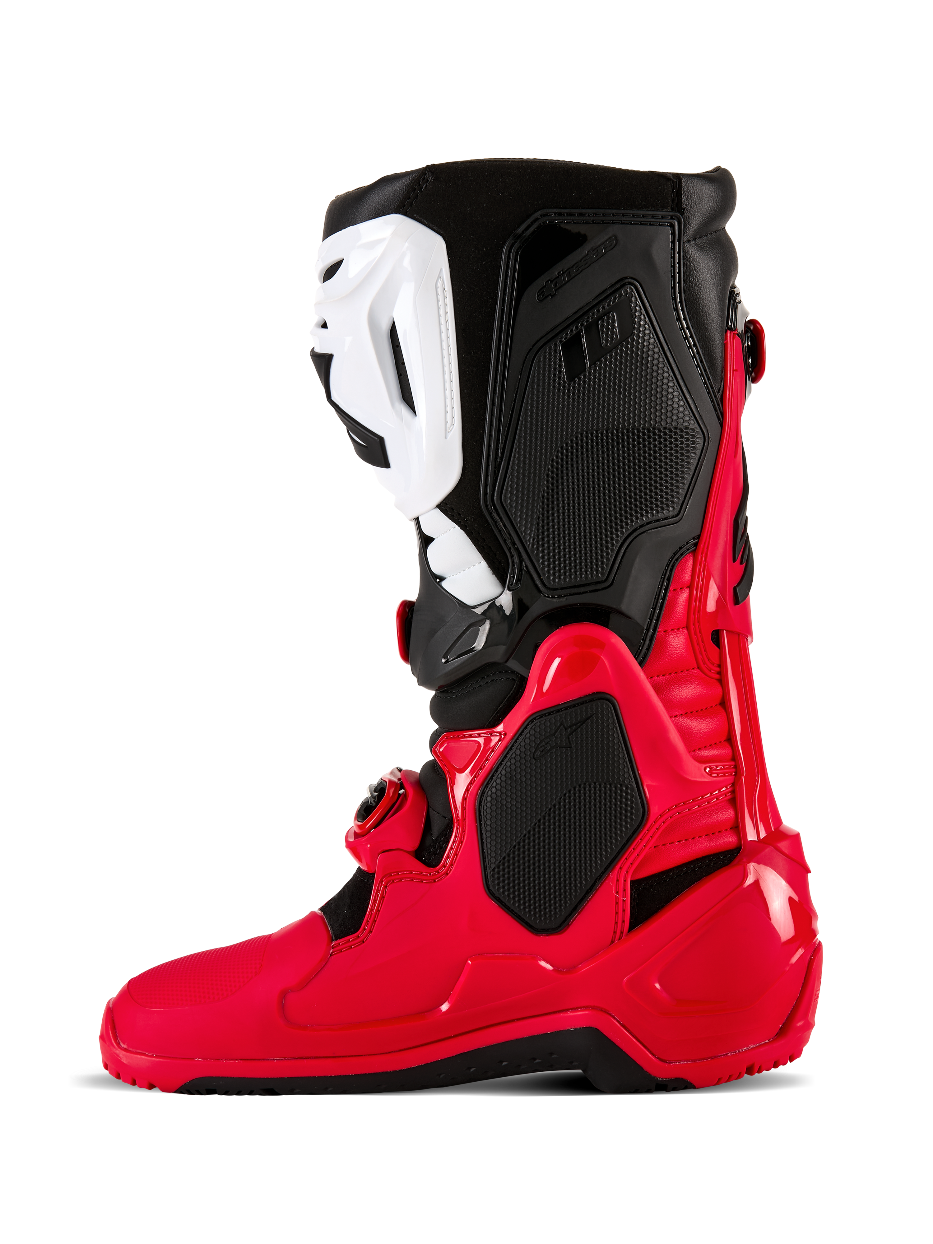 Alpinestars Tech 10 Enduro Boots, Motocross and Enduro Boots, Bright Red Black and White, side profile view featuring a durable TPU shell, white shin plate, and black upper panels, designed for off-road performance.