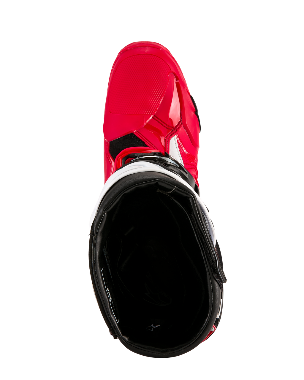 Alpinestars Tech 10 Enduro Boots, Motocross Boots, Bright Red Black White, top-down view looking into the black interior lining, bright red outer shell with white accents, protective off-road racing footwear
