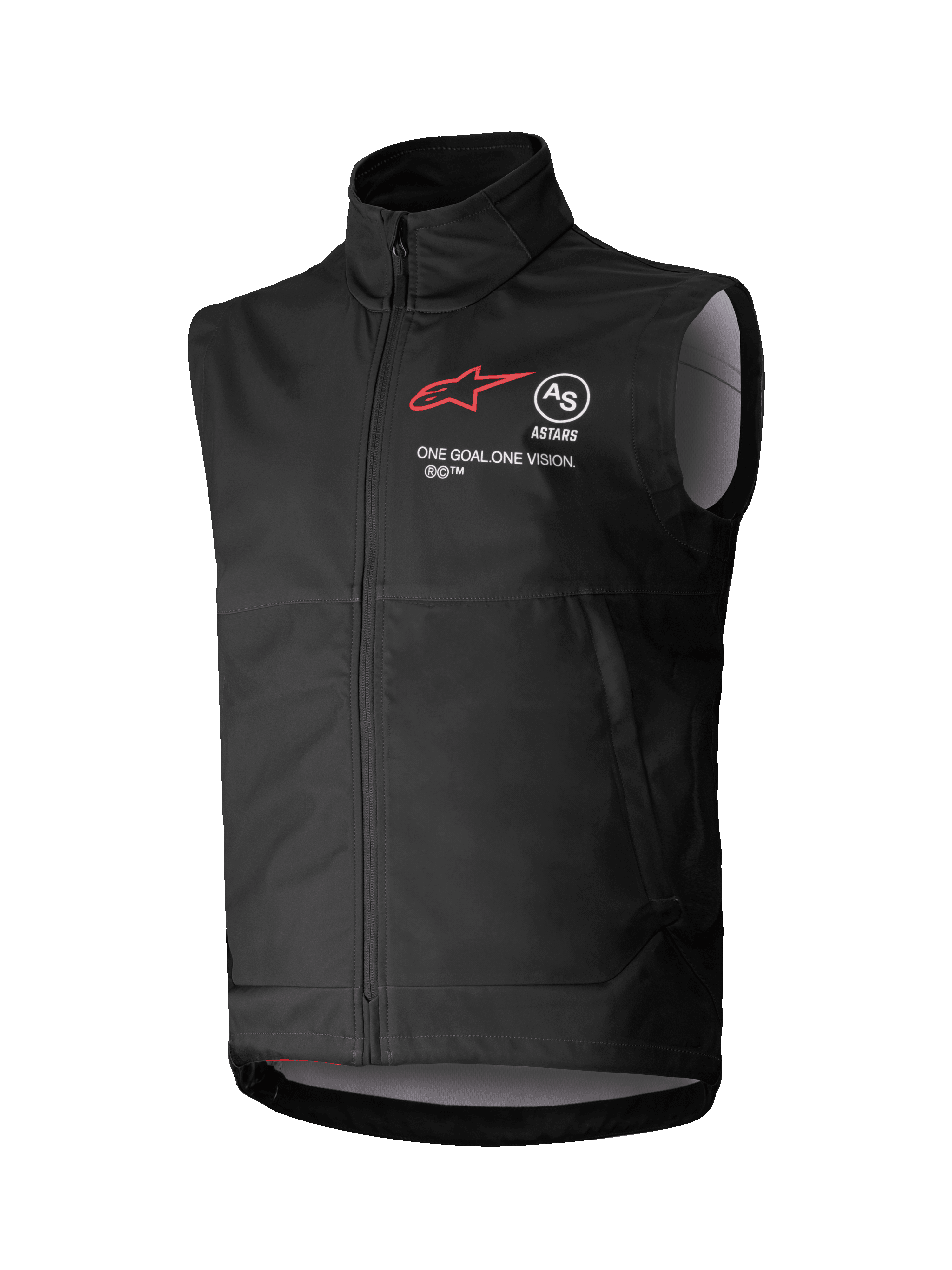 Alpinestars Techstar Softshell Vest, czarna kamizelka motocrossowa bez rękawów, wysoki kołnierz i zamek z przodu, czerwone logo gwiazdy z napisami „ASTARS” i „ONE GOAL. ONE VISION.” na piersi, lekka wiatroszczelna tkanina softshell z jasnoszarą podszewką, przeznaczona do jazdy terenowej