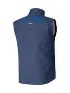 Alpinestars Techstar Softshell Vest, Navy Blue, back view featuring a light blue Alpinestars wordmark across the shoulders, windproof stretch softshell construction for motocross and off-road riding.