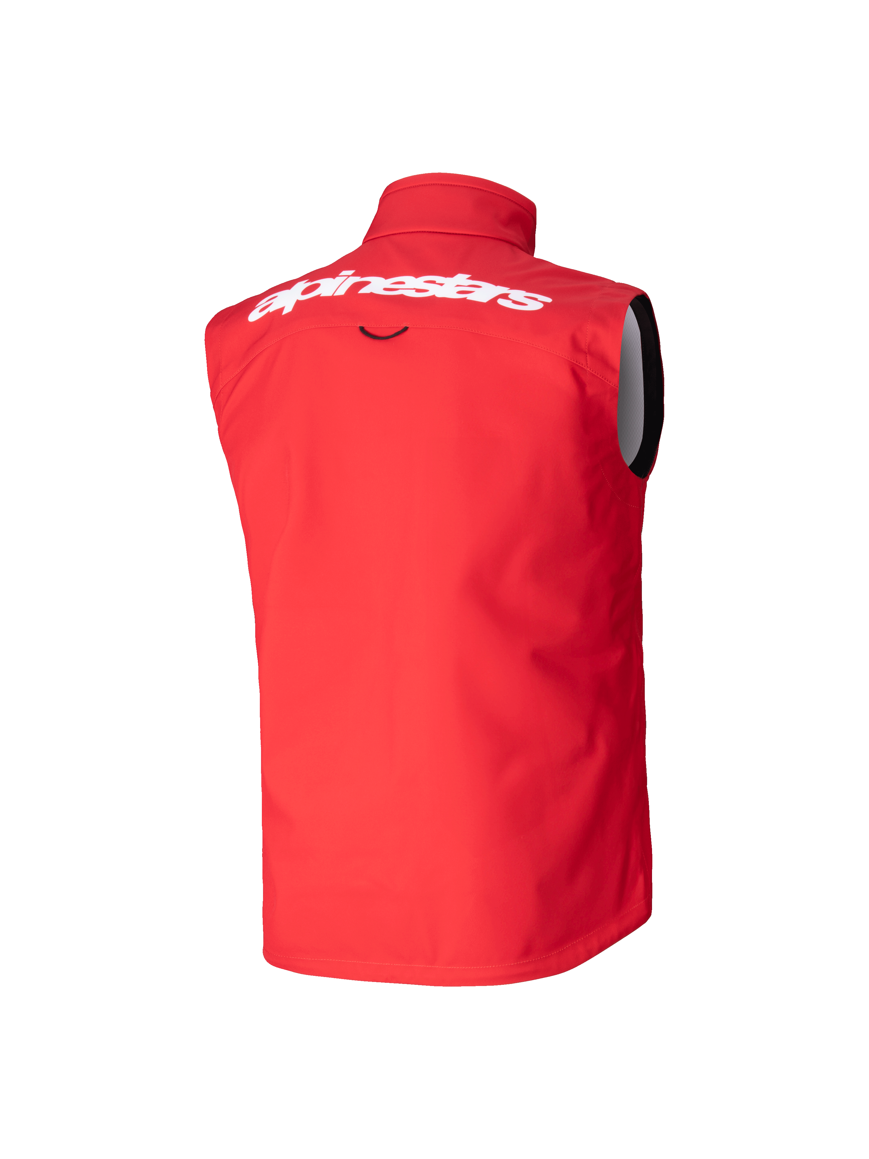 Alpinestars Youth Techstar Softshell Vest, Motocross Vest, Bright Red, rear view featuring large white Alpinestars wordmark on the upper back, sleeveless softshell design with a high collar for wind protection.