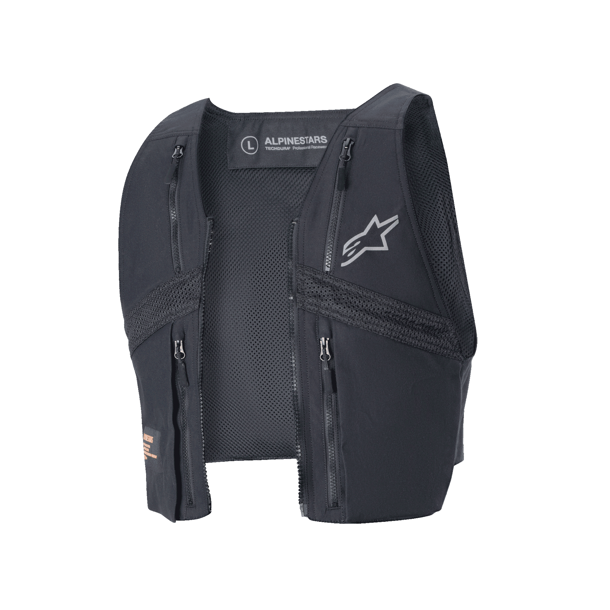 Alpinestars Techdura Tactical Vest, czarna kamizelka taktyczna enduro do kurtki Techdura, z czterema kieszeniami na klatce piersiowej zapinanymi na zamek, panelami z siatki dla lepszej wentylacji i szarym logo Alpinestars