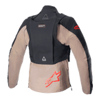 Kurtka Alpinestars Techdura, Black Falcon Brown, widok z tyłu z odpinanym plecakiem taktycznym, czerwone logo gwiazdy Alpinestars, wytrzymała konstrukcja tekstylna do jazdy enduro i off-road