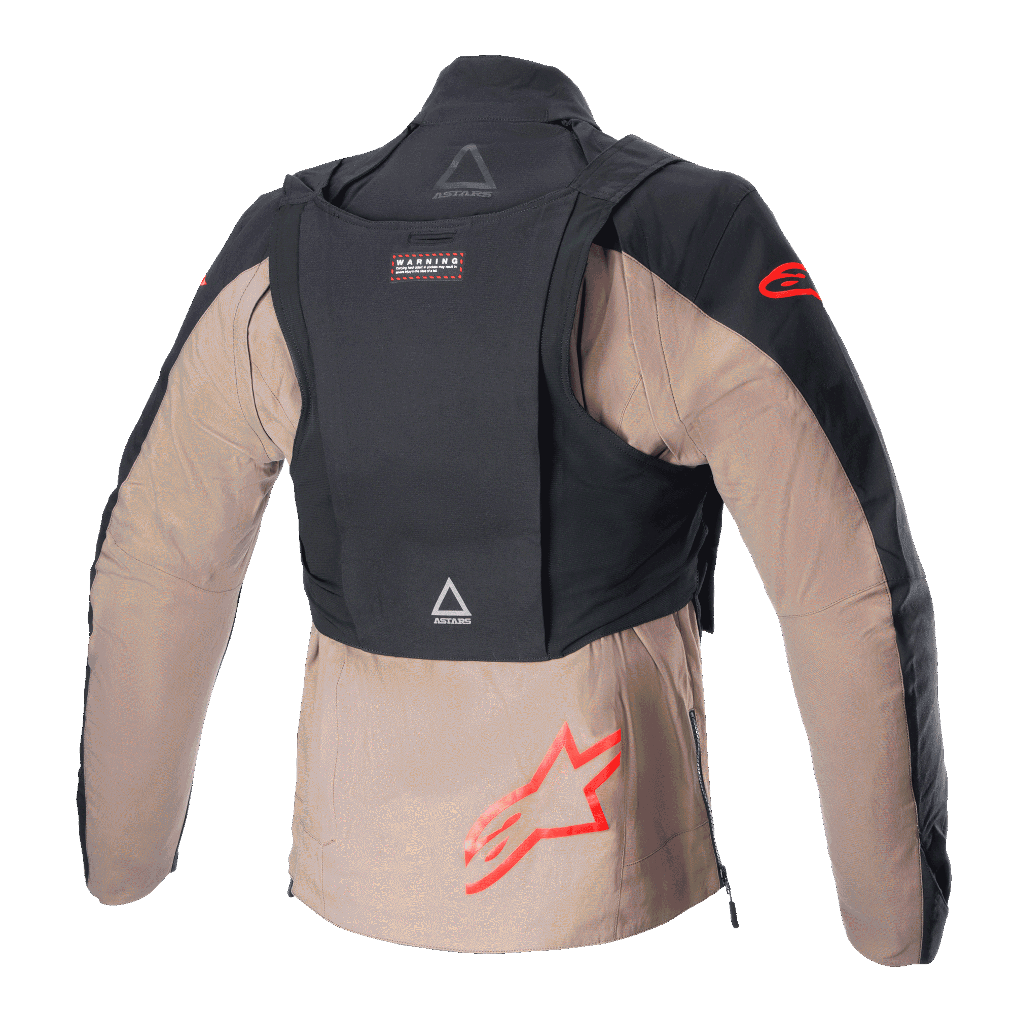 Kurtka Alpinestars Techdura, Black Falcon Brown, widok z tyłu z odpinanym plecakiem taktycznym, czerwone logo gwiazdy Alpinestars, wytrzymała konstrukcja tekstylna do jazdy enduro i off-road