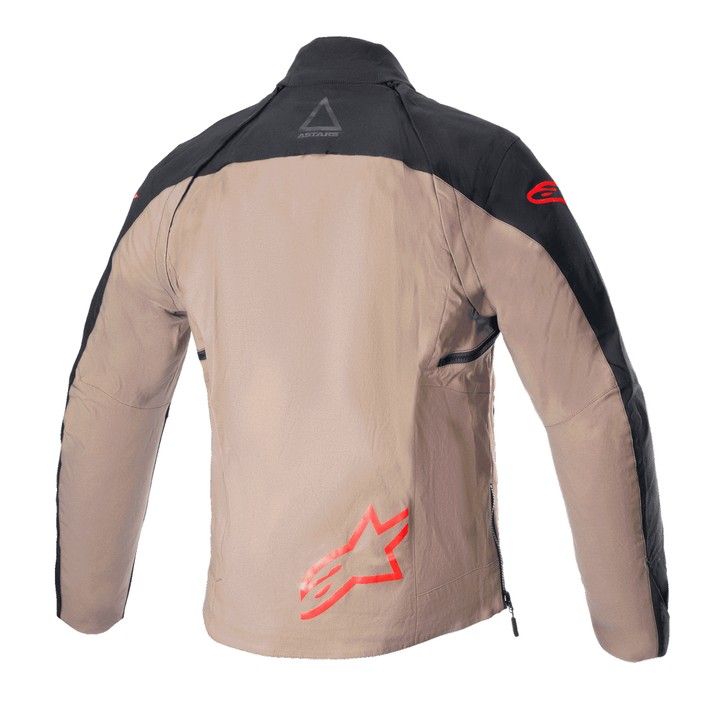 Alpinestars Techdura Jacket, kurtka off-road enduro, czarno-brązowa (Black Falcon Brown), widok z tyłu bez kamizelki taktycznej, czerwone logo Astars, wytrzymała konstrukcja z płótna poliamidowego