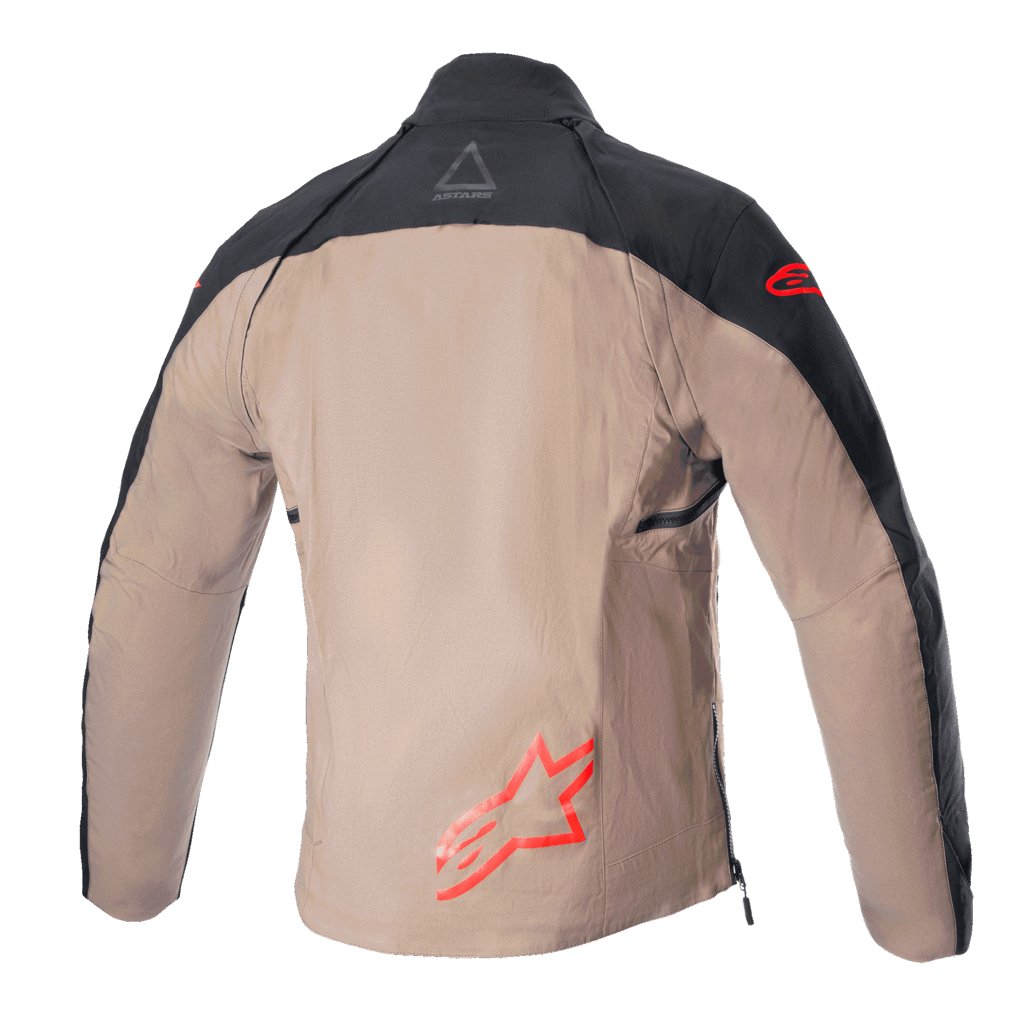 Alpinestars Techdura Jacket, kurtka off-road enduro, czarno-brązowa (Black Falcon Brown), widok z tyłu bez kamizelki taktycznej, czerwone logo Astars, wytrzymała konstrukcja z płótna poliamidowego