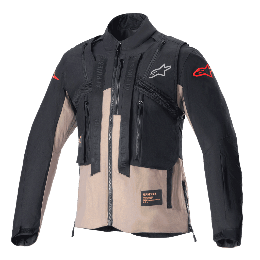 Alpinestars Techdura Jacket, kurtka off-road enduro, kolor czarny i brązowy Falcon Brown, modułowa konstrukcja ze zintegrowaną kamizelką taktyczną, liczne kieszenie użytkowe, wytrzymała konstrukcja tekstylna, logo Alpinestars na klatce piersiowej i rękawach.
