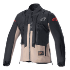 Alpinestars Techdura Jacket, kurtka off-road enduro, kolor czarny i brązowy Falcon Brown, modułowa konstrukcja ze zintegrowaną kamizelką taktyczną, liczne kieszenie użytkowe, wytrzymała konstrukcja tekstylna, logo Alpinestars na klatce piersiowej i rękawach.