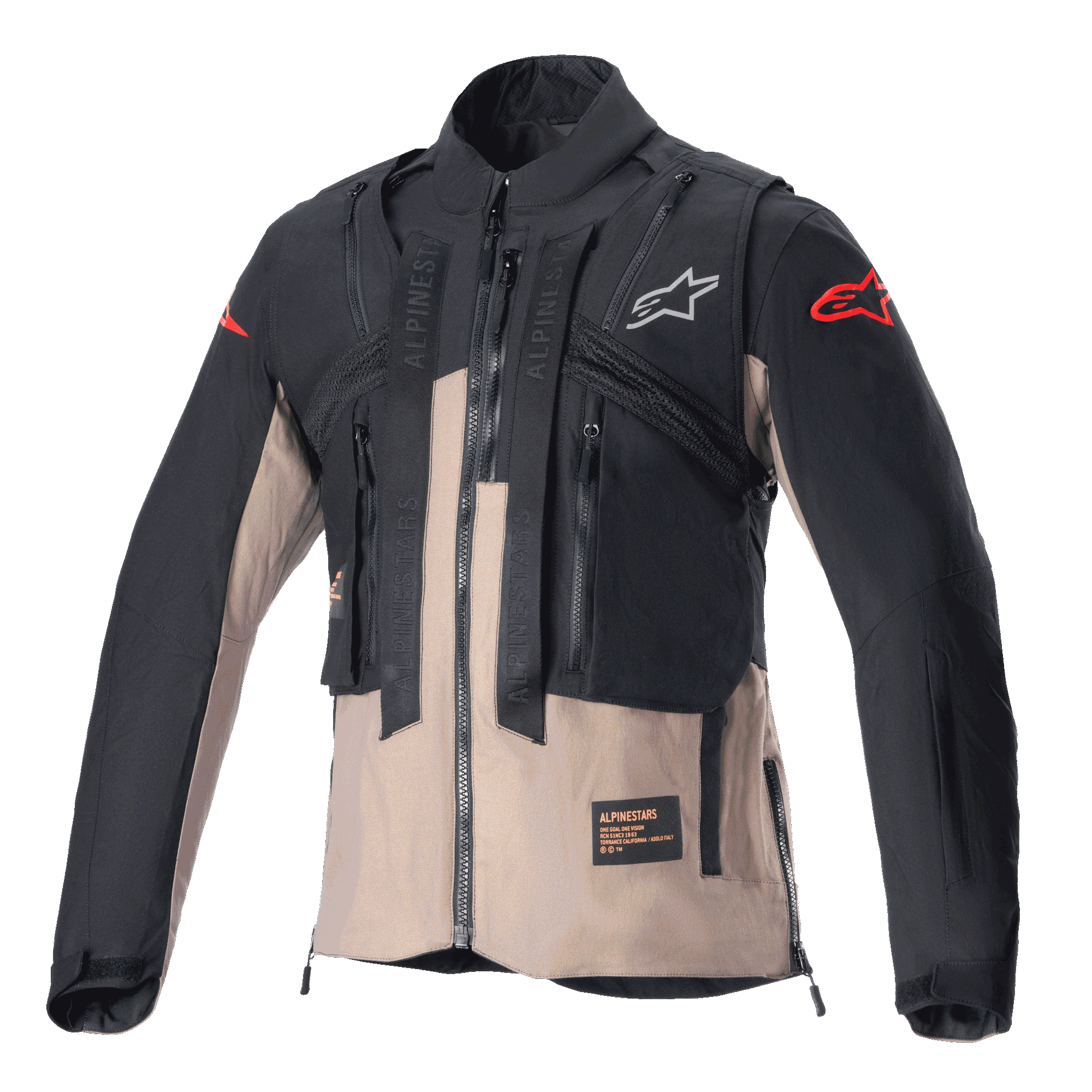 Alpinestars Techdura Jacket, kurtka off-road enduro, kolor czarny i brązowy Falcon Brown, modułowa konstrukcja ze zintegrowaną kamizelką taktyczną, liczne kieszenie użytkowe, wytrzymała konstrukcja tekstylna, logo Alpinestars na klatce piersiowej i rękawach.