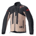 Alpinestars Techdura Jacket, motocyklowa kurtka off-road, kolor Black Falcon Brown, dwukolorowy design z czerwonymi logo gwiazdy na ramionach i rękawach, pionowe paski z logo Alpinestars na klatce piersiowej, wytrzymały materiał tekstylny