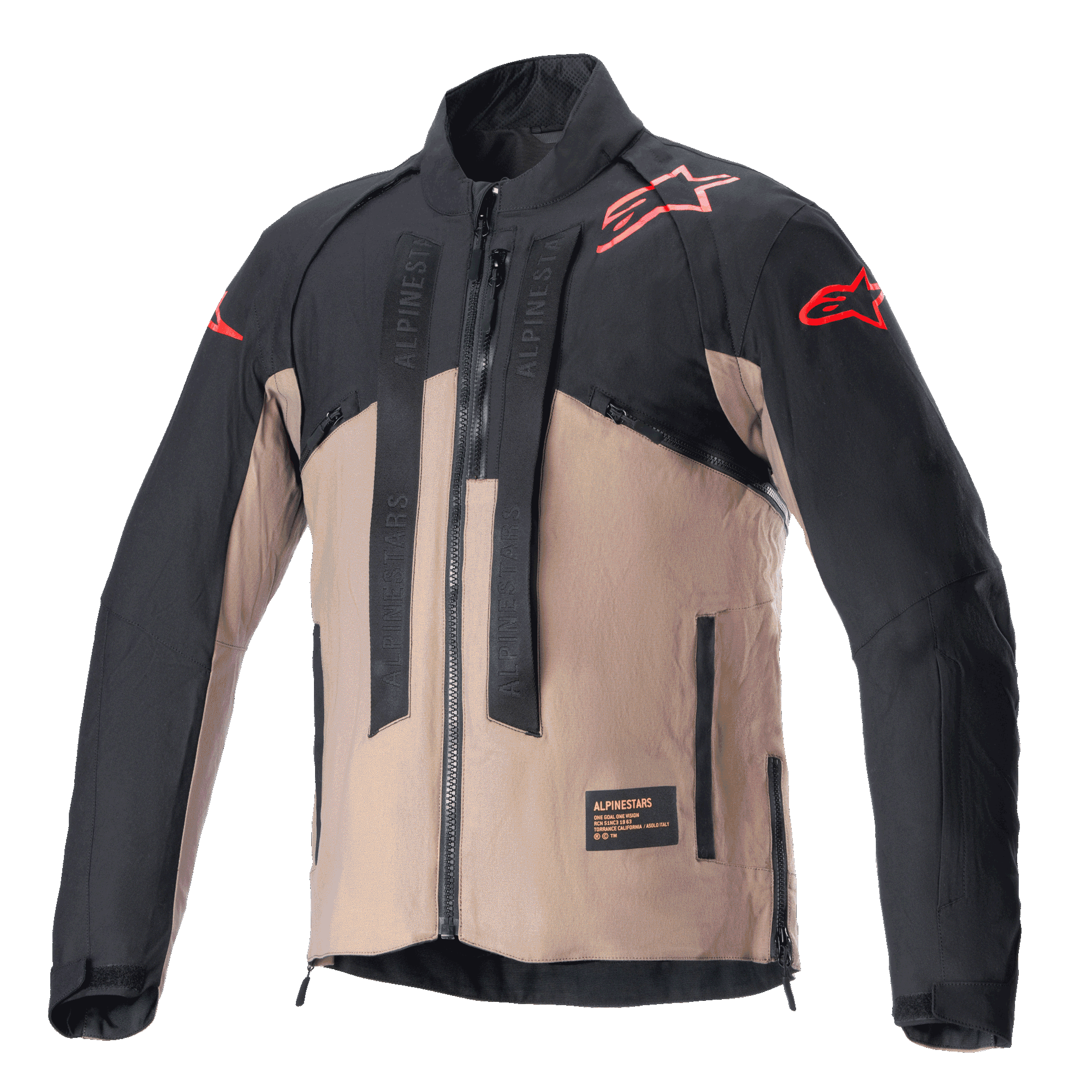Alpinestars Techdura Jacket, motocyklowa kurtka off-road, kolor Black Falcon Brown, dwukolorowy design z czerwonymi logo gwiazdy na ramionach i rękawach, pionowe paski z logo Alpinestars na klatce piersiowej, wytrzymały materiał tekstylny