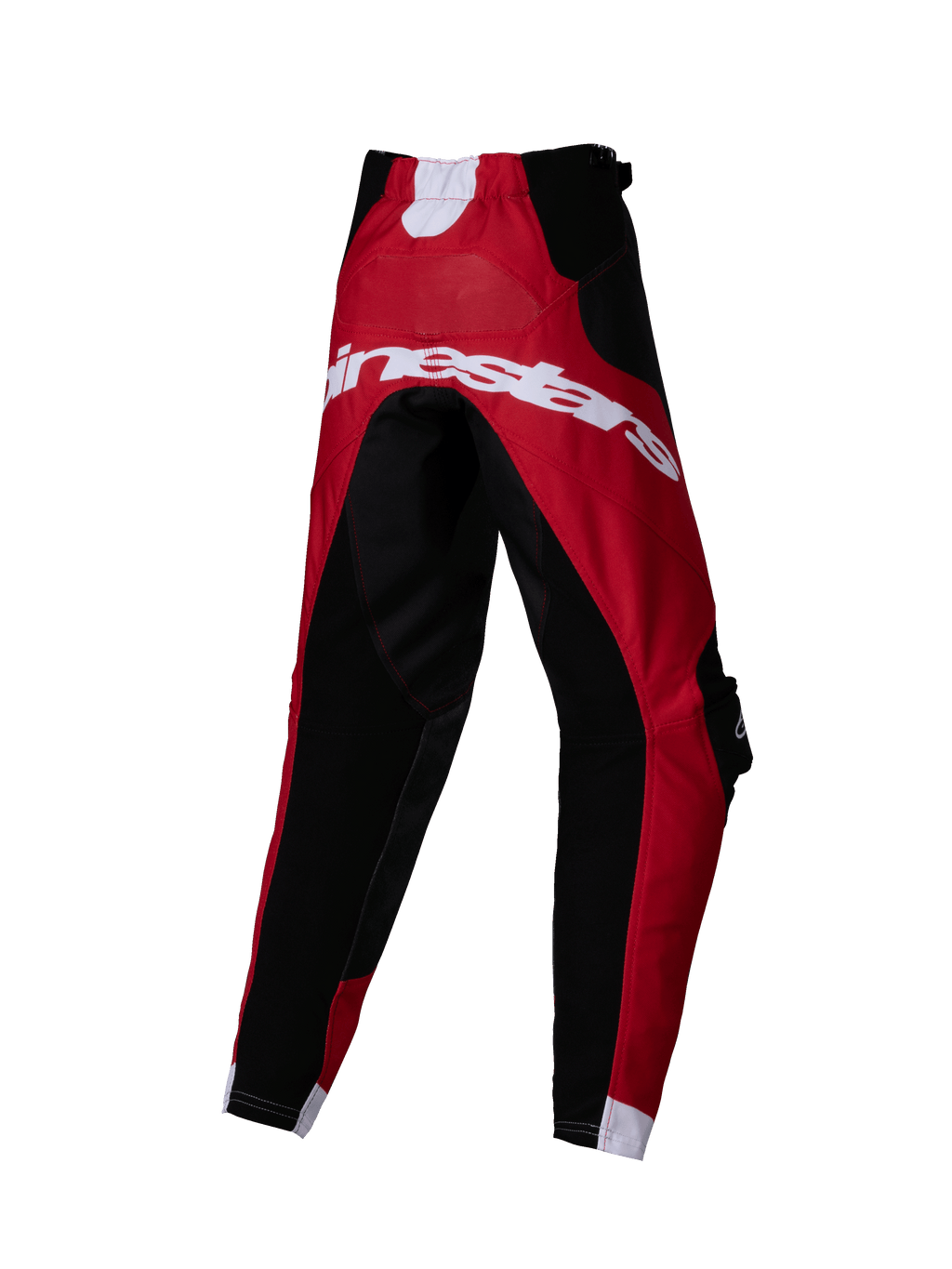 Alpinestars Kids Racer Veil Pants 2025, dziecięce spodnie motocrossowe, czarno-jasnoczerwone, widok z tyłu z dużym białym logo Alpinestars, techniczna wielopanelowa konstrukcja do jazdy terenowej