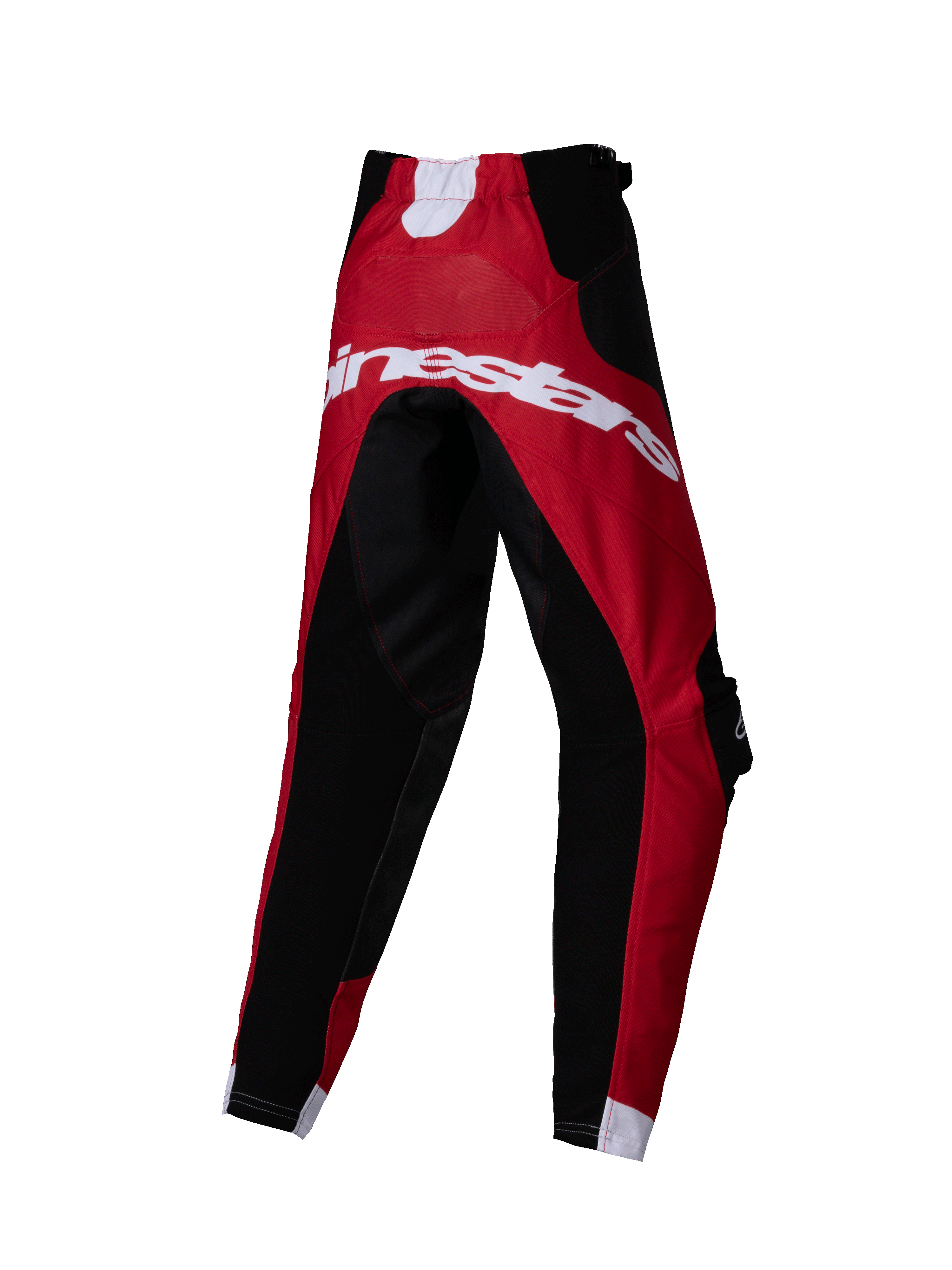 Alpinestars Kids Racer Veil Pants 2025, dziecięce spodnie motocrossowe, czarno-jasnoczerwone, widok z tyłu z dużym białym logo Alpinestars, techniczna wielopanelowa konstrukcja do jazdy terenowej