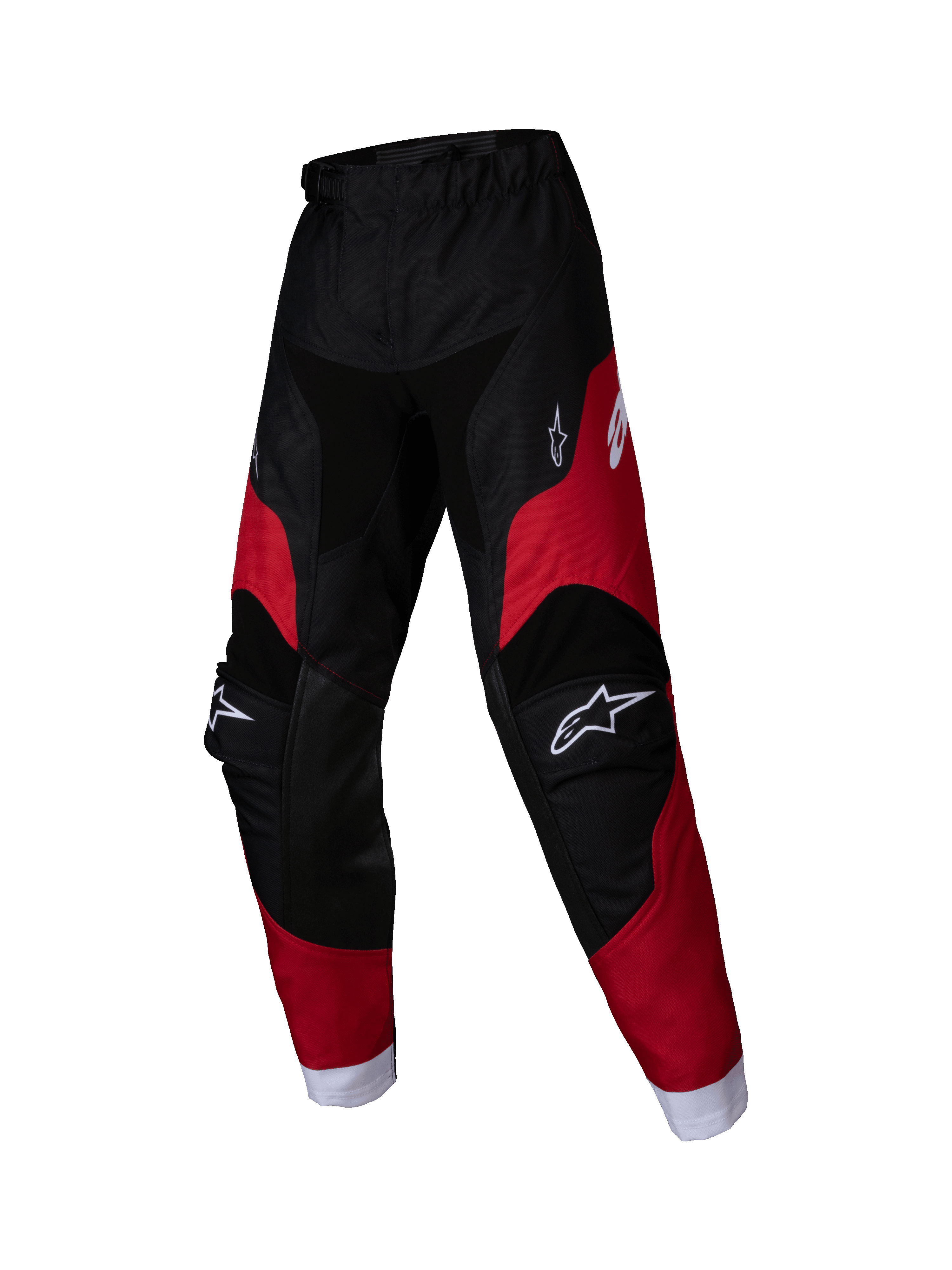 Alpinestars 2025 Kids Racer Veil Pants, młodzieżowe spodnie motocrossowe, czarne i jaskrawoczerwone, białe logo na udach i kolanach, białe mankiety przy kostkach, wstępnie zakrzywiona ergonomiczna konstrukcja, wytrzymały materiał do jazdy terenowej