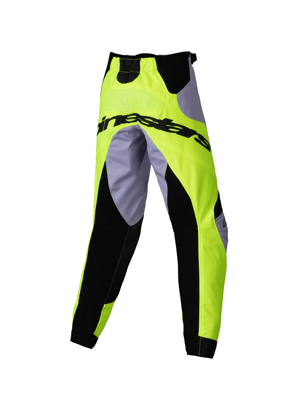 Alpinestars Kids Racer Veil Pants 2025, dziecięce spodnie motocrossowe, szare i żółte neonowe z czarnymi elastycznymi panelami, logo Alpinestars z tyłu, sportowy ergonomiczny krój