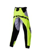 Alpinestars Kids Racer Veil Pants 2025, dziecięce spodnie motocrossowe, szare i żółte neonowe z czarnymi elastycznymi panelami, logo Alpinestars z tyłu, sportowy ergonomiczny krój
