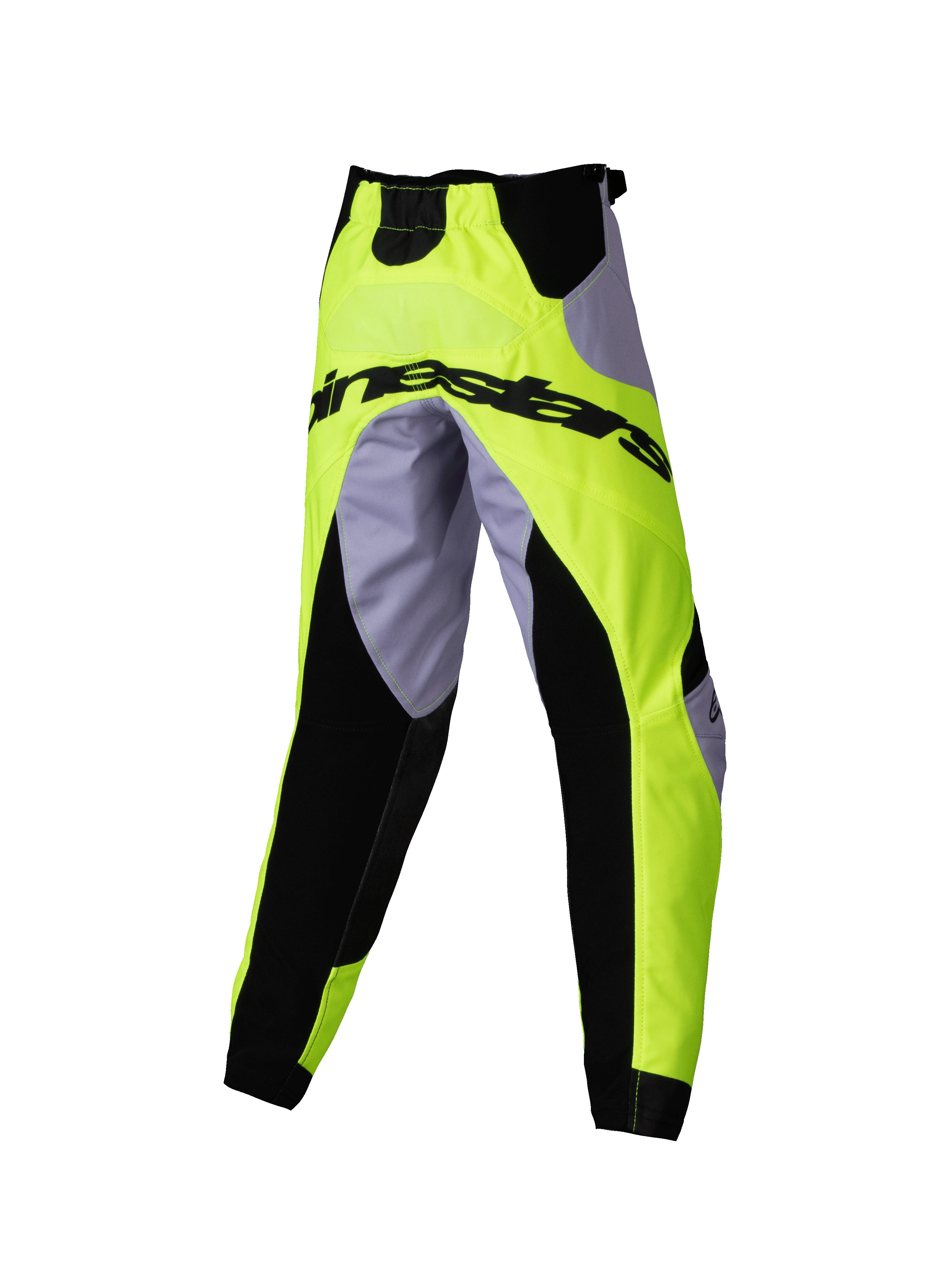 Alpinestars Kids Racer Veil Pants 2025, dziecięce spodnie motocrossowe, szare i żółte neonowe z czarnymi elastycznymi panelami, logo Alpinestars z tyłu, sportowy ergonomiczny krój