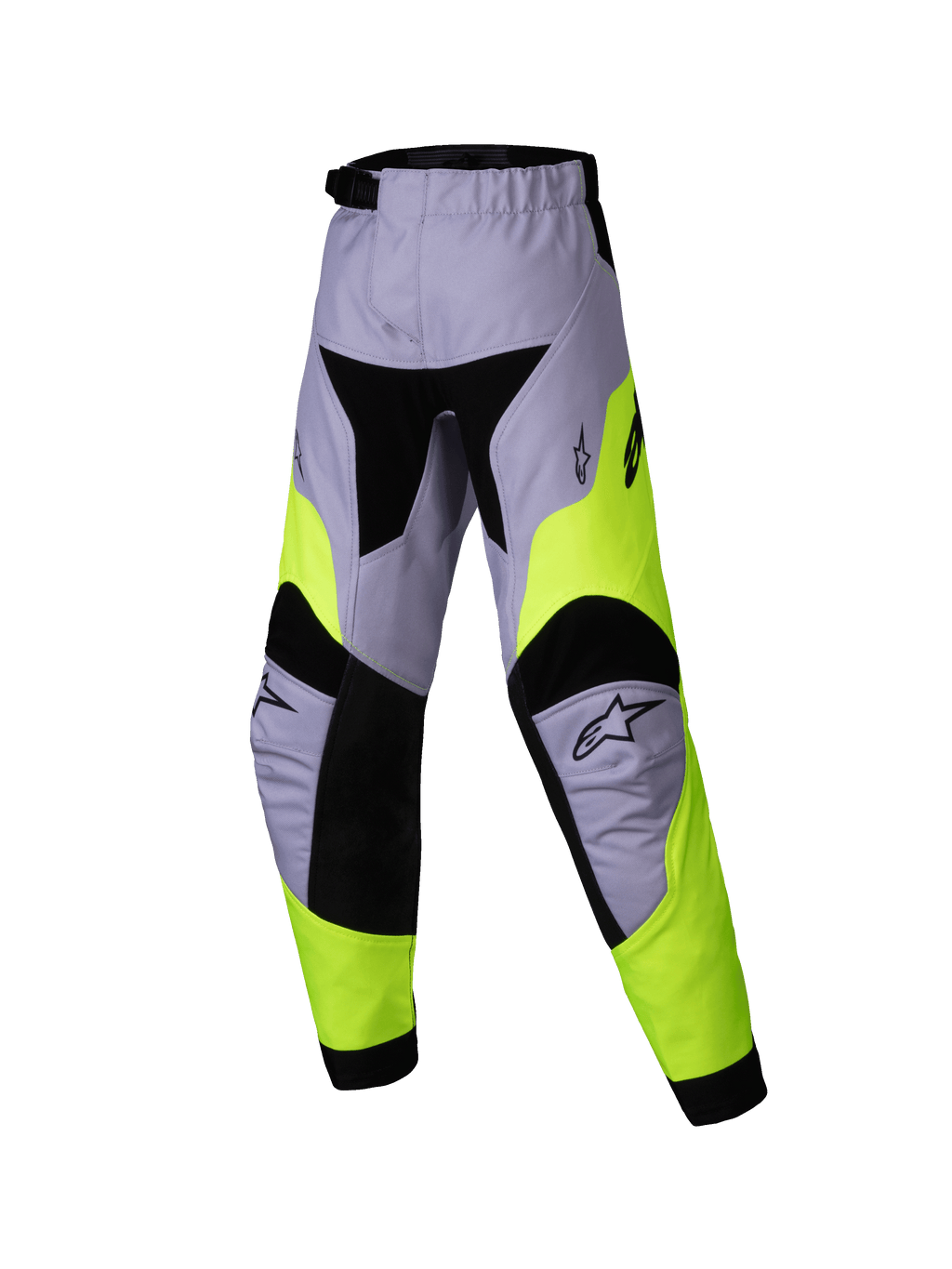 Alpinestars Kids Racer Veil Pants 2025, młodzieżowe spodnie motocrossowe, szare i żółte neonowe, techniczna wielopanelowa konstrukcja z czarnymi akcentami, logo gwiazdy Alpinestars na kolanach, wytrzymały materiał tekstylny do wyścigów terenowych