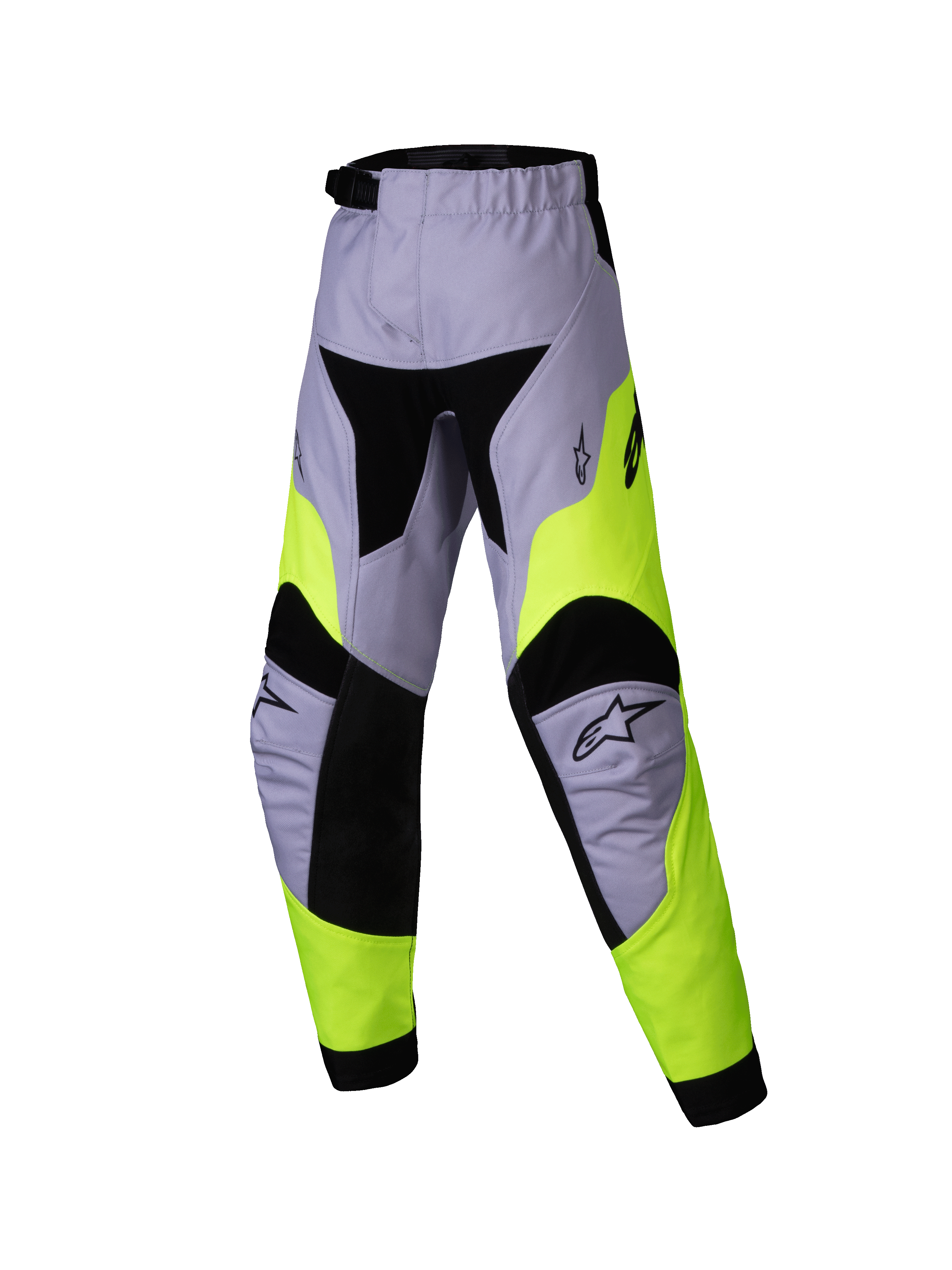 Alpinestars Kids Racer Veil Pants 2025, młodzieżowe spodnie motocrossowe, szare i żółte neonowe, techniczna wielopanelowa konstrukcja z czarnymi akcentami, logo gwiazdy Alpinestars na kolanach, wytrzymały materiał tekstylny do wyścigów terenowych