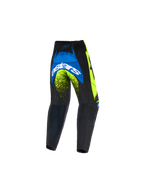 Alpinestars Kids Racer Nomur Pants 2026, młodzieżowe spodnie motocrossowe, ciemnogranatowe, żółte fluo i niebieskie UCLA, widok z tyłu prezentujący wyraźne białe logo Astars i neonowe akcenty, wytrzymała konstrukcja off-road