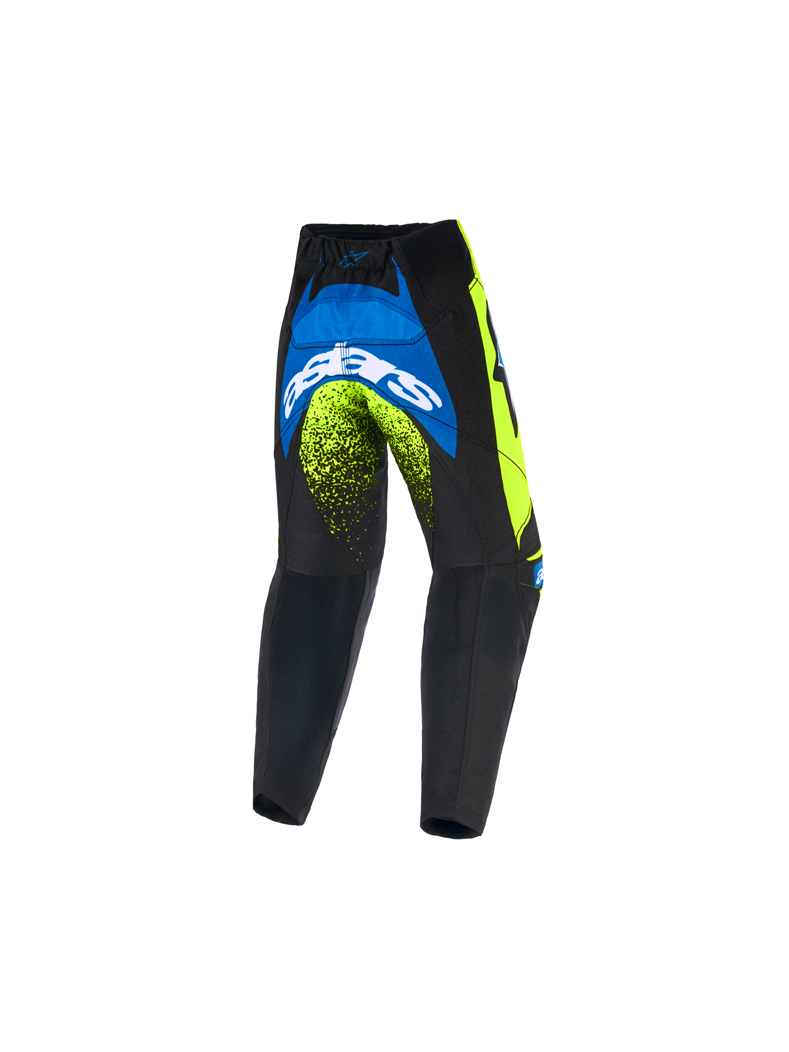 Alpinestars Kids Racer Nomur Pants 2026, młodzieżowe spodnie motocrossowe, ciemnogranatowe, żółte fluo i niebieskie UCLA, widok z tyłu prezentujący wyraźne białe logo Astars i neonowe akcenty, wytrzymała konstrukcja off-road