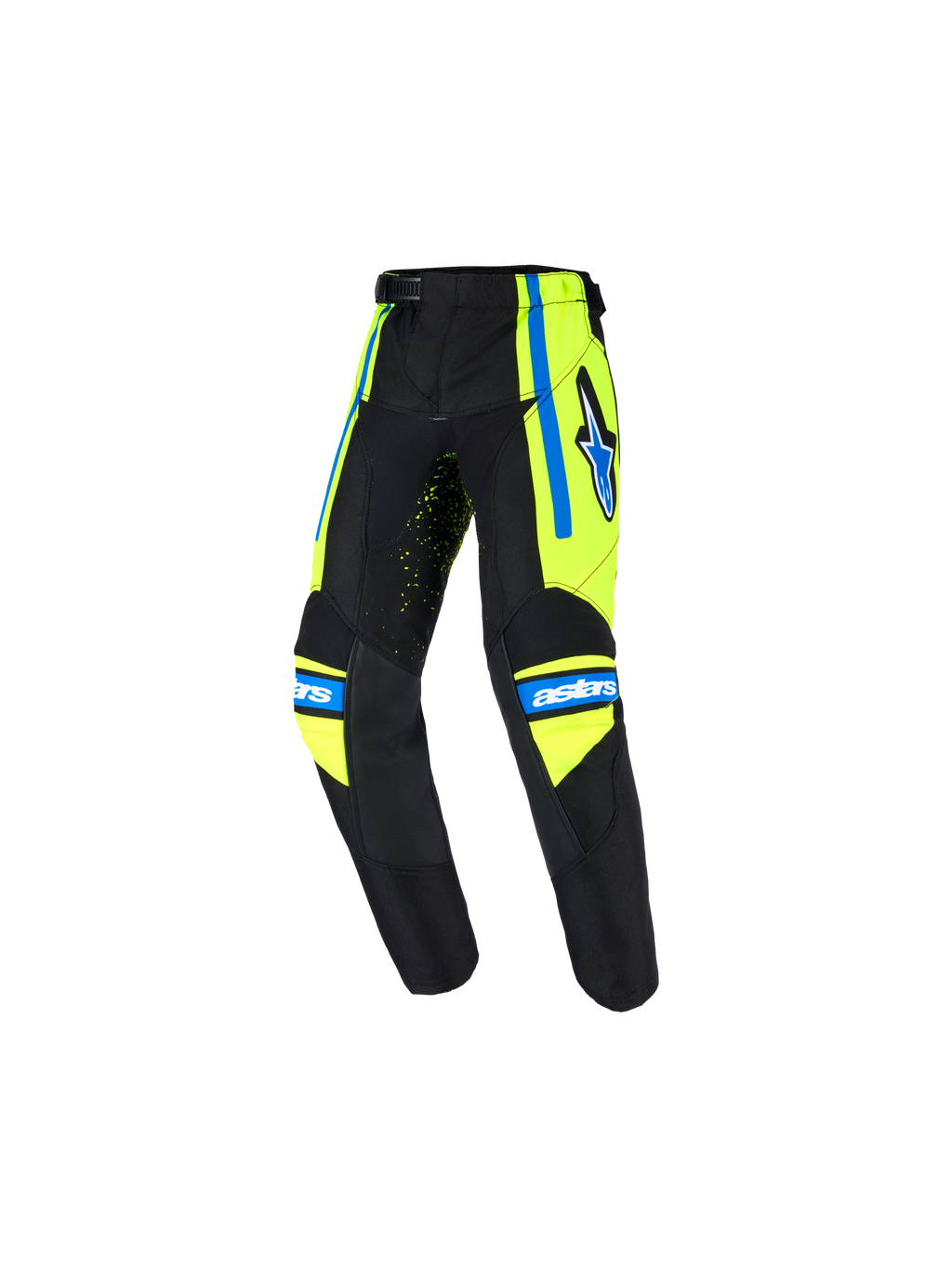 Alpinestars Kids Racer Nomur Pants 2026, młodzieżowe spodnie motocrossowe, ciemnogranatowe z fluorescencyjną żółcią i błękitem UCLA, logo gwiazdy na udzie, branding „astars” na kolanach, ergonomiczny wstępnie zakrzywiony krój do wyścigów terenowych