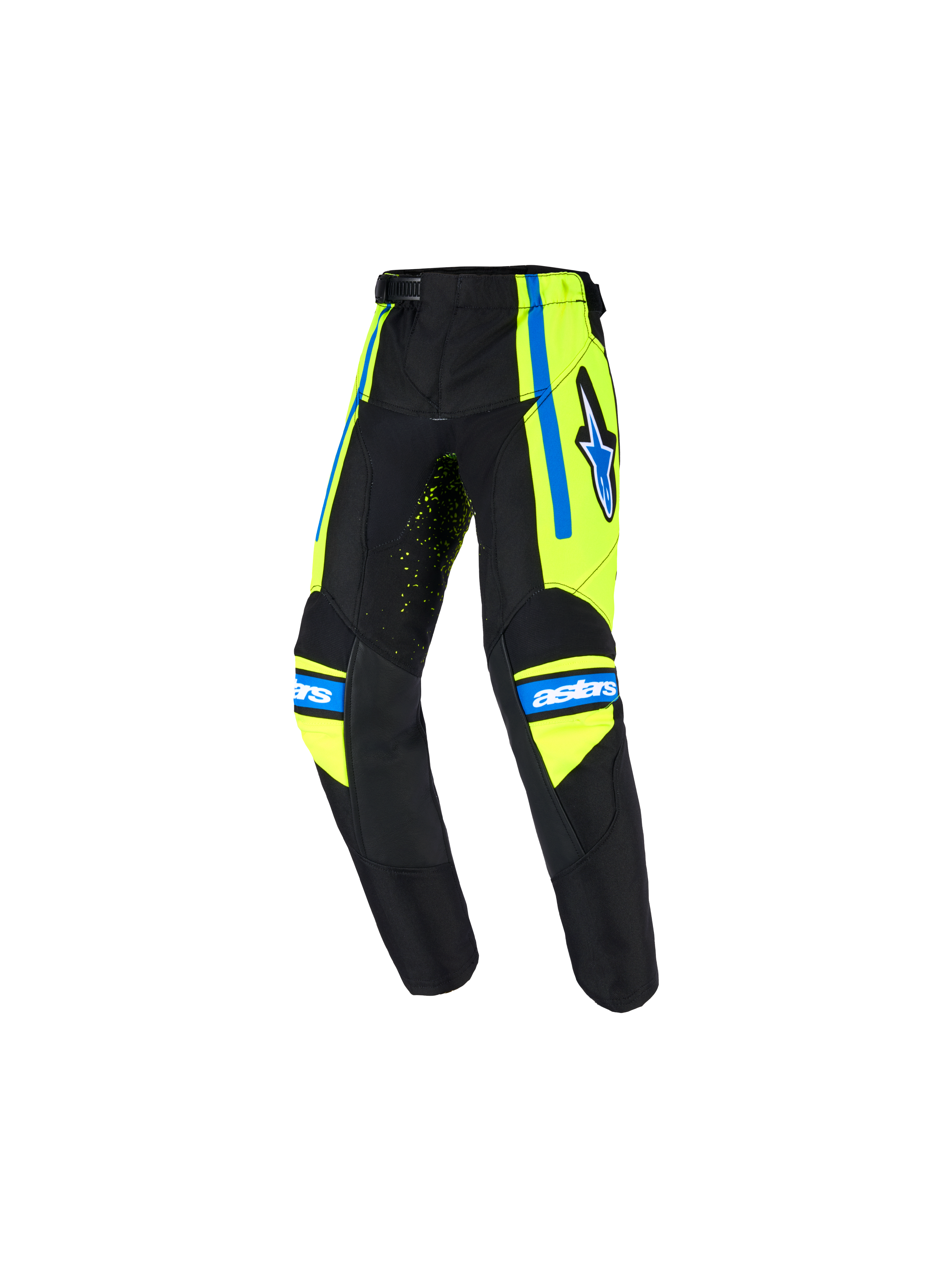 Alpinestars Kids Racer Nomur Pants 2026, młodzieżowe spodnie motocrossowe, ciemnogranatowe z fluorescencyjną żółcią i błękitem UCLA, logo gwiazdy na udzie, branding „astars” na kolanach, ergonomiczny wstępnie zakrzywiony krój do wyścigów terenowych