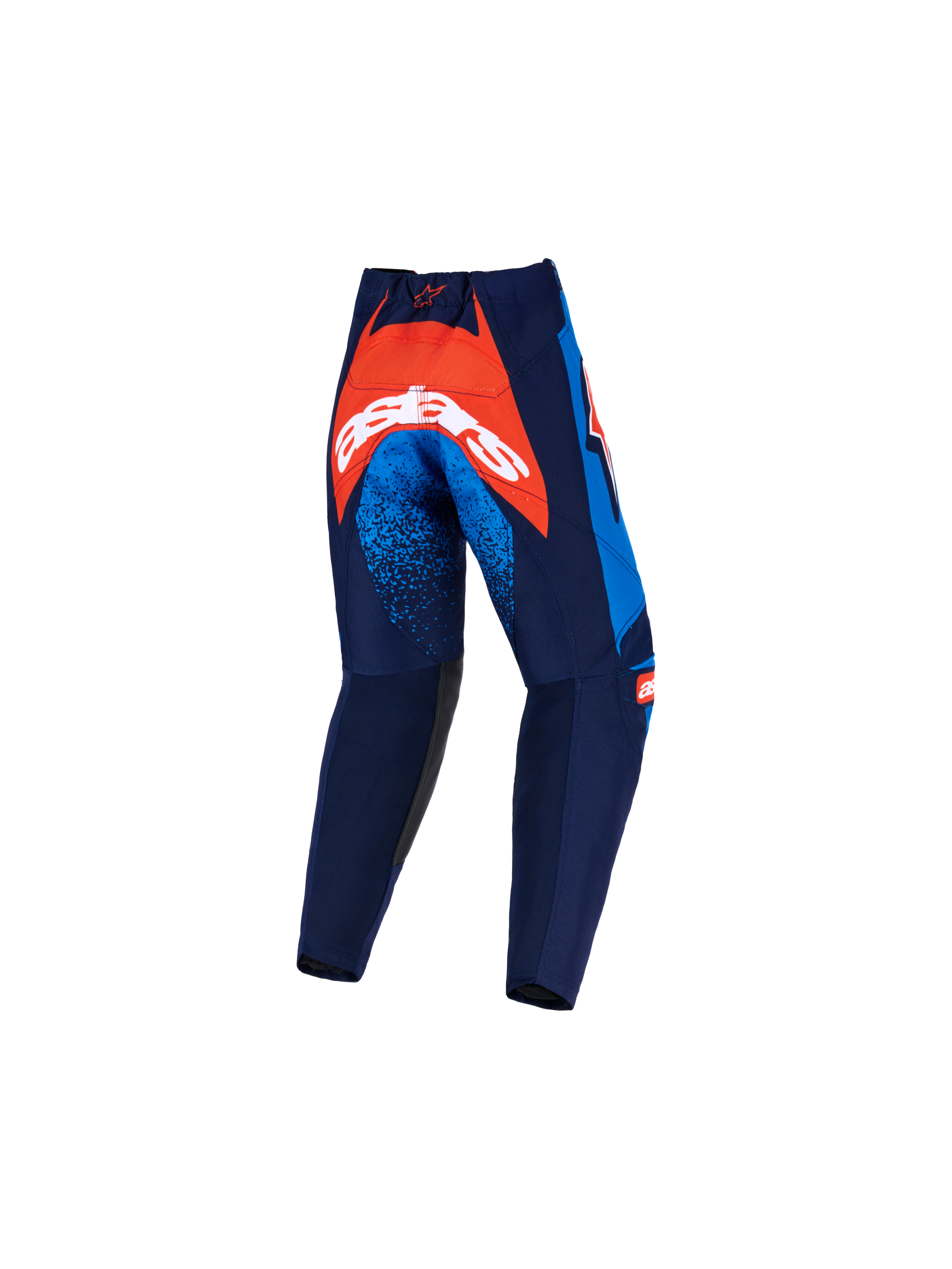 Alpinestars Kids Racer Nomur Pants 2026, spodnie motocrossowe, ciemnogranatowe, pomarańczowe i niebieskie, widok z tyłu z dużym pomarańczowym panelem na siedzeniu z białym logo, niebieskie nakrapiane akcenty na udach, wytrzymała konstrukcja tekstylna do jazdy terenowej