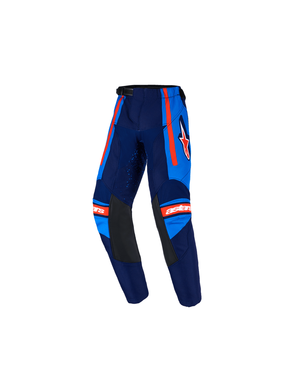 Alpinestars Kids Racer Nomur Pants 2026, młodzieżowe spodnie motocrossowe, ciemnogranatowe i jasnoniebieskie z pomarańczowymi akcentami, czarne skórzane panele na wewnętrznej stronie kolan, pomarańczowe paski boczne, białe logo Astars, wstępnie zakrzywiona konstrukcja do wyścigów off-road