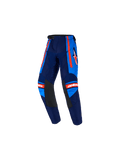 Alpinestars Kids Racer Nomur Pants 2026, młodzieżowe spodnie motocrossowe, ciemnogranatowe i jasnoniebieskie z pomarańczowymi akcentami, czarne skórzane panele na wewnętrznej stronie kolan, pomarańczowe paski boczne, białe logo Astars, wstępnie zakrzywiona konstrukcja do wyścigów off-road