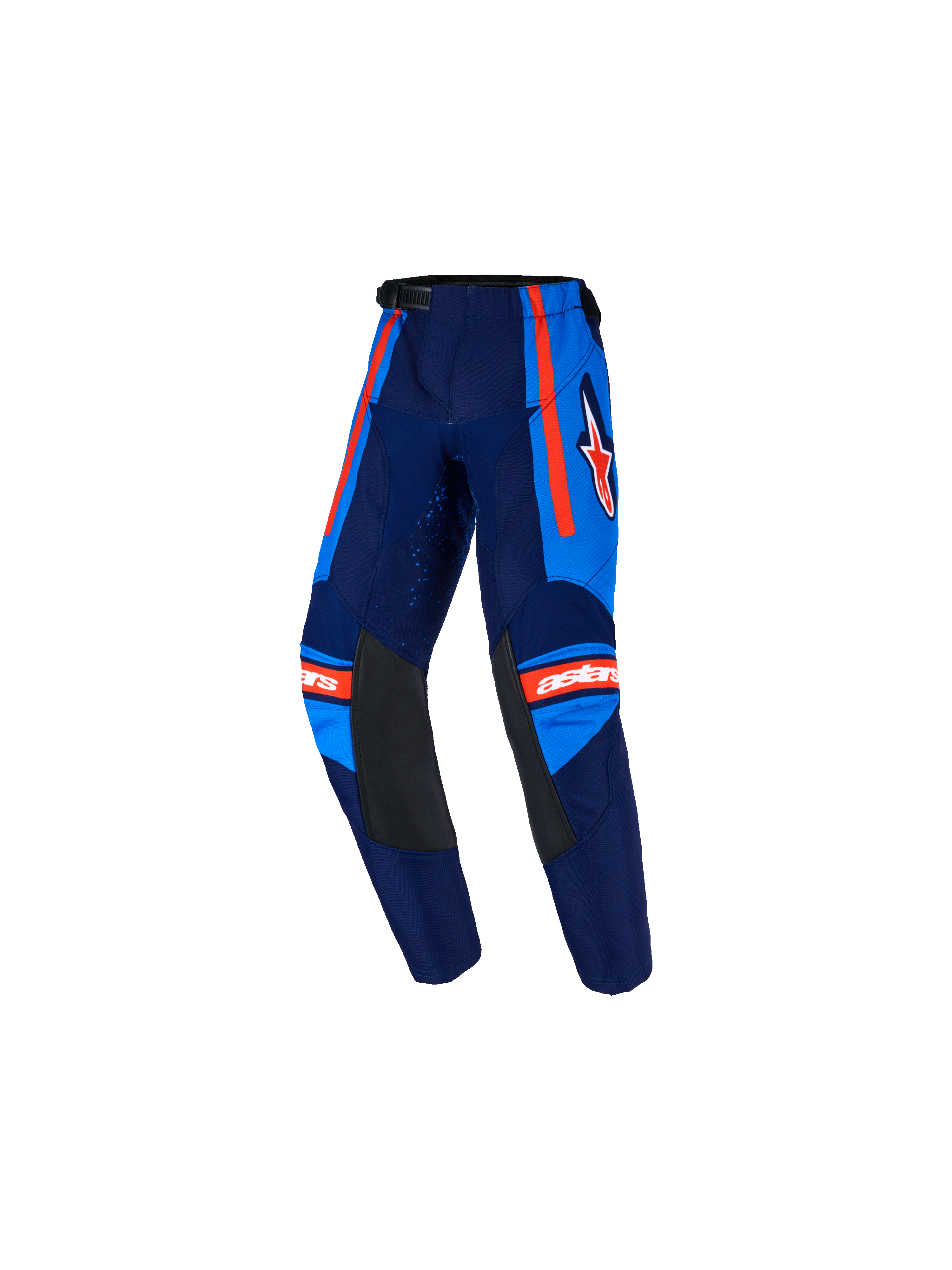 Alpinestars Kids Racer Nomur Pants 2026, młodzieżowe spodnie motocrossowe, ciemnogranatowe i jasnoniebieskie z pomarańczowymi akcentami, czarne skórzane panele na wewnętrznej stronie kolan, pomarańczowe paski boczne, białe logo Astars, wstępnie zakrzywiona konstrukcja do wyścigów off-road