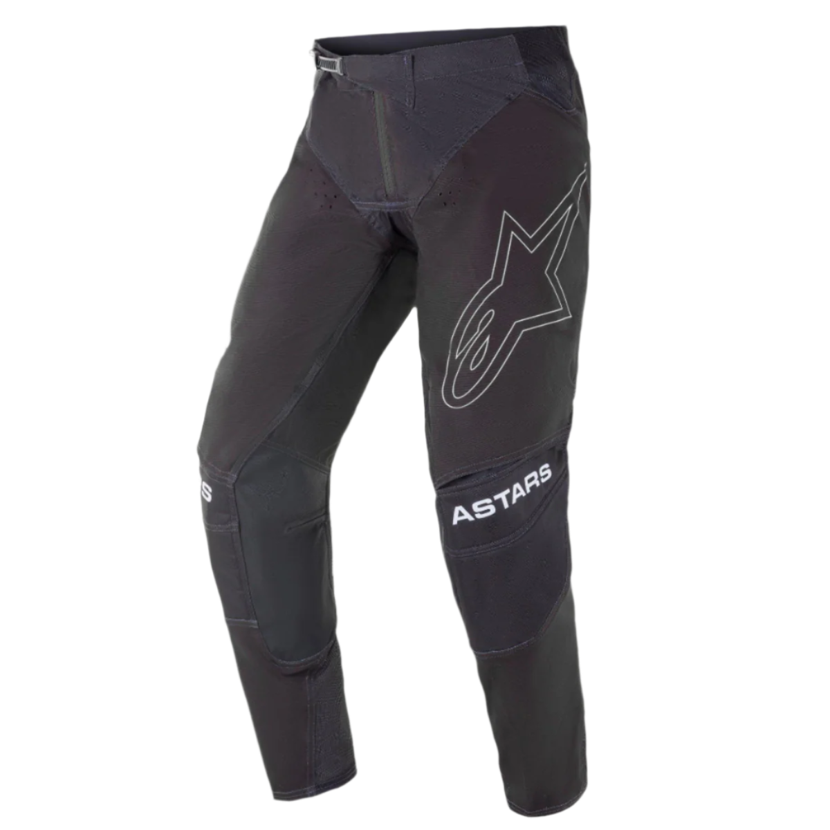 Alpinestars 2021 Techstar Phantom Pants, spodnie motocrossowe, czarne z białymi akcentami, duże konturowe logo gwiazdy na udzie, napis ASTARS na kolanach, techniczny materiał rip-stop z perforowanymi strefami, konstrukcja kolan 3D Babel