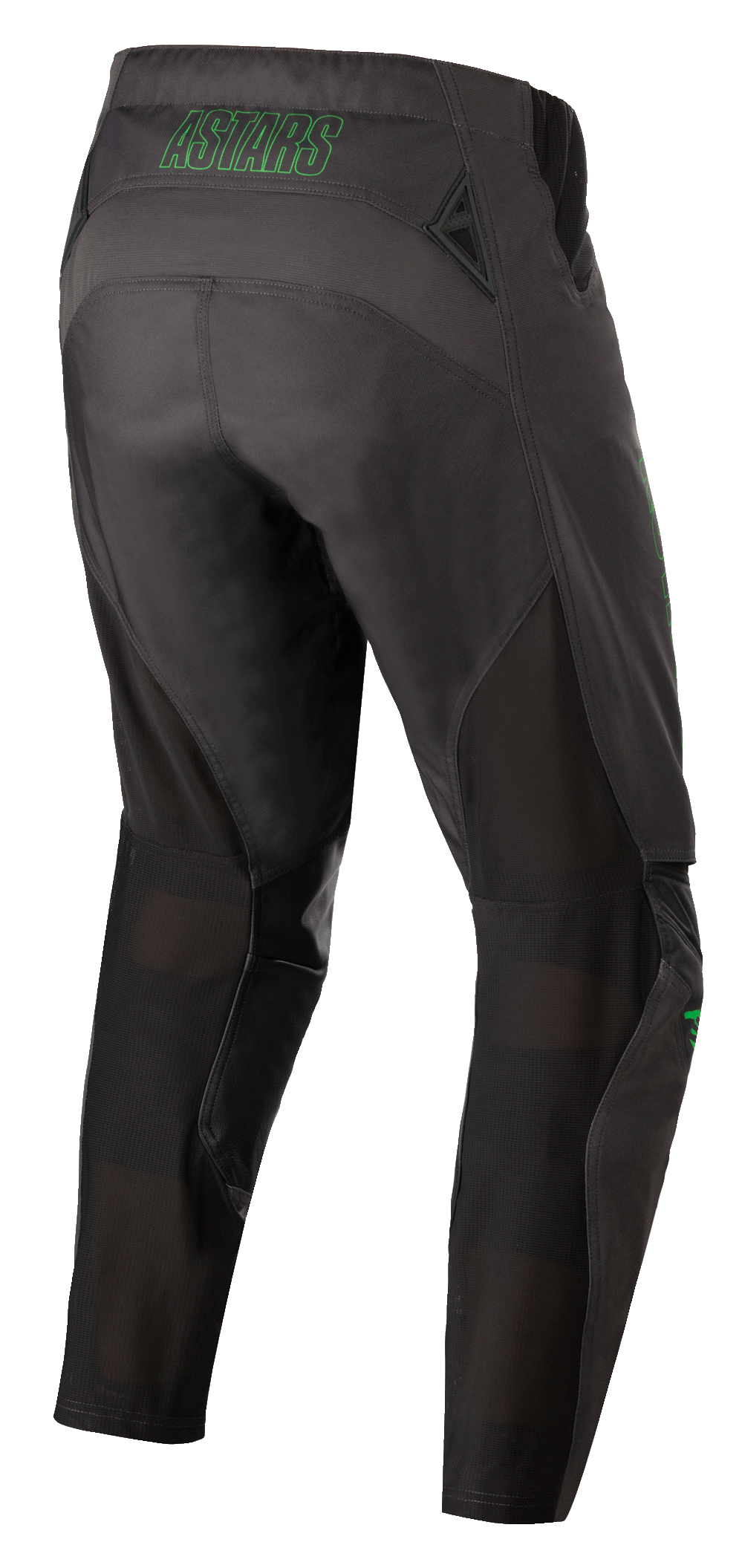 Alpinestars Techstar Phantom Pants, spodnie motocrossowe, antracytowe i neonowo-zielone, widok z tyłu z neonowo-zielonym brandingiem „ASTARS” w pasie, siatkowymi panelami wentylacyjnymi z tyłu nogawek i wzmocnionym siedziskiem zapewniającym trwałość w wyścigach terenowych