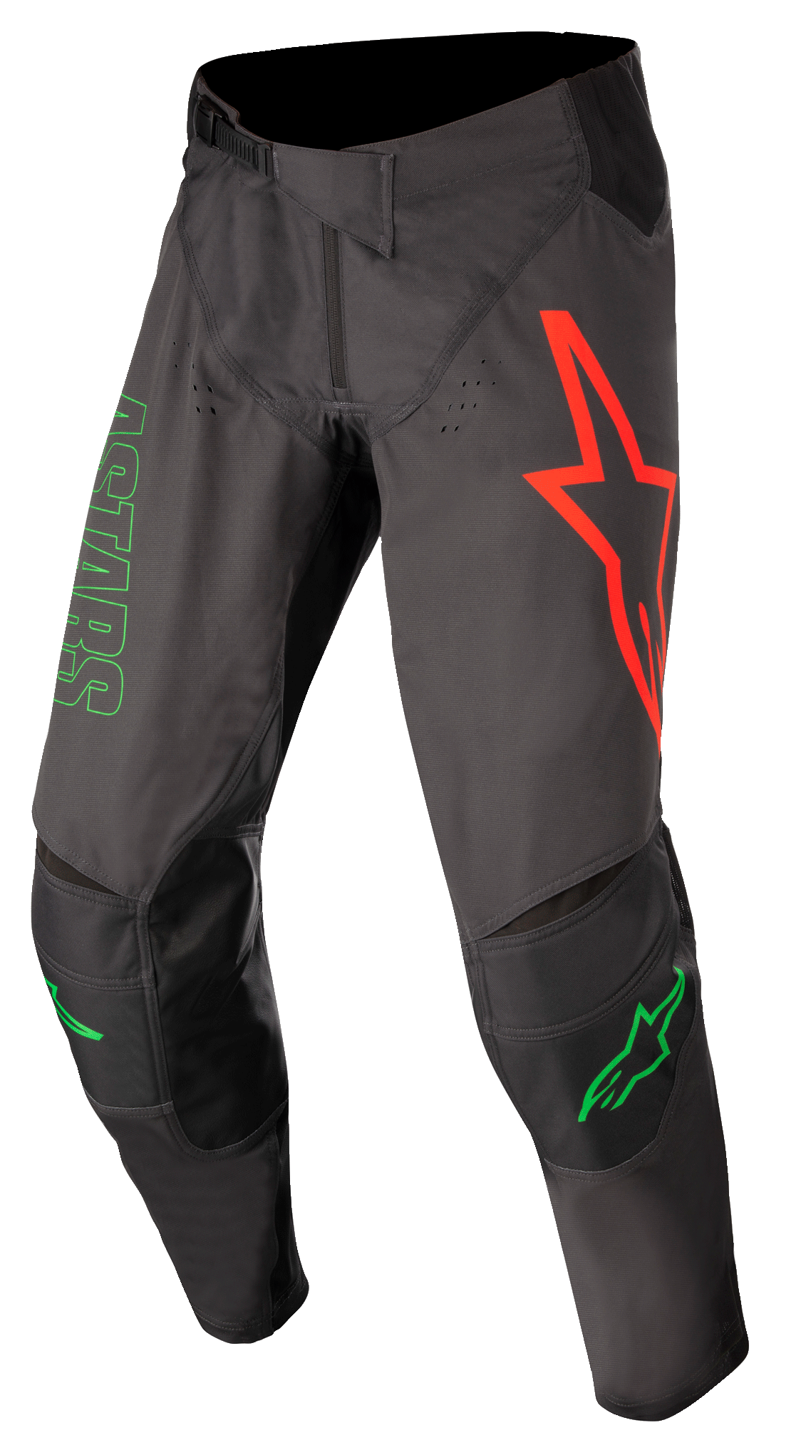 Alpinestars Techstar Phantom Pants, spodnie motocrossowe, antracytowe i neonowo-zielone, z dużym logo czerwonej gwiazdy na lewym udzie, zielonym napisem ASTARS z boku, wzmocnionymi czarnymi panelami na kolanach, regulowanym zapięciem zapadkowym w pasie, wytrzymała odzież wyczynowa do wyścigów motocrossowych