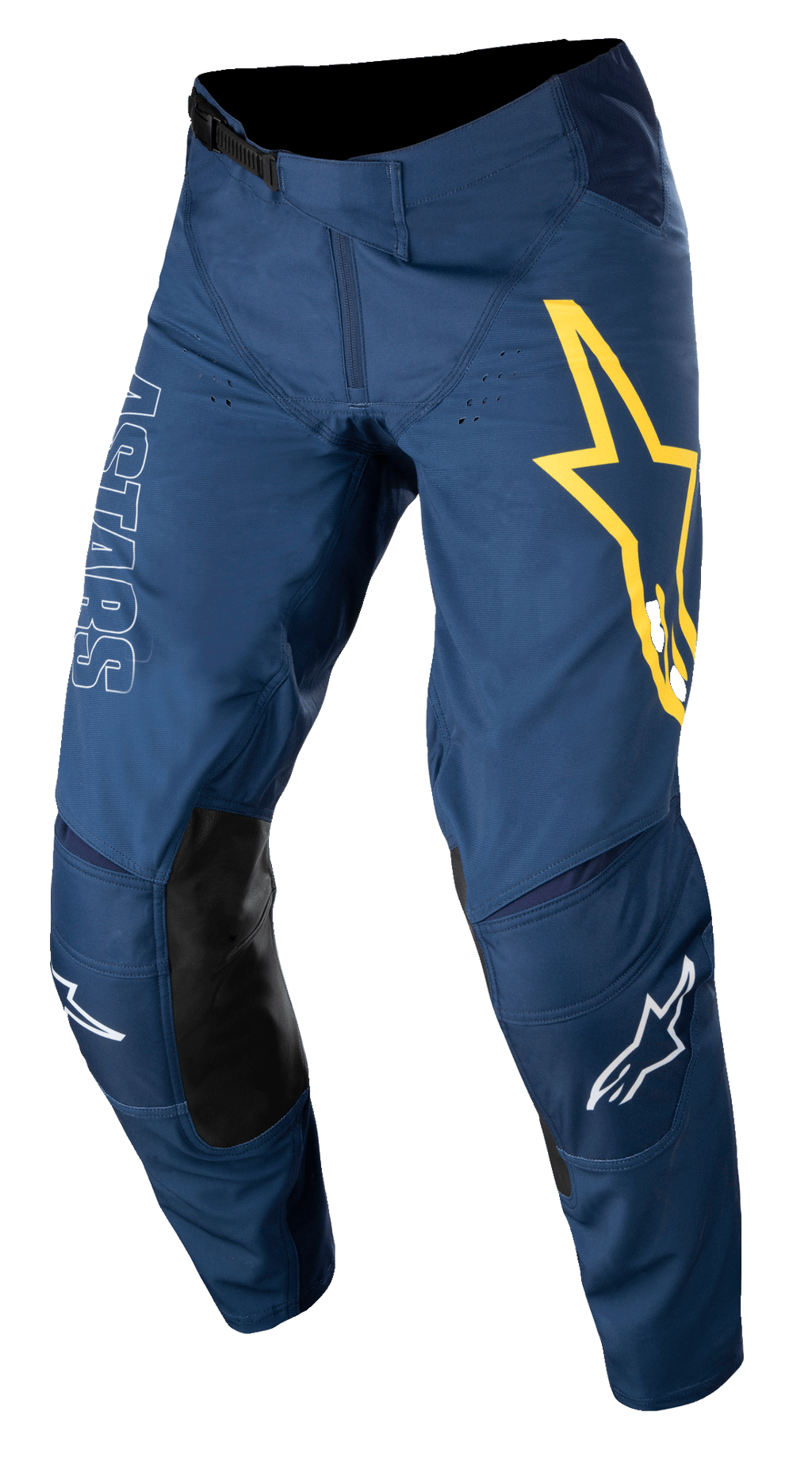 Alpinestars Techstar Phantom Pants, spodnie motocrossowe, ciemnoniebieskie z żółtymi i białymi akcentami, czarne skórzane panele na kolanach, duże żółte logo gwiazdy na udzie, białe oznaczenia ASTARS, wytrzymała tkanina stretch rip-stop do wyścigów off-road