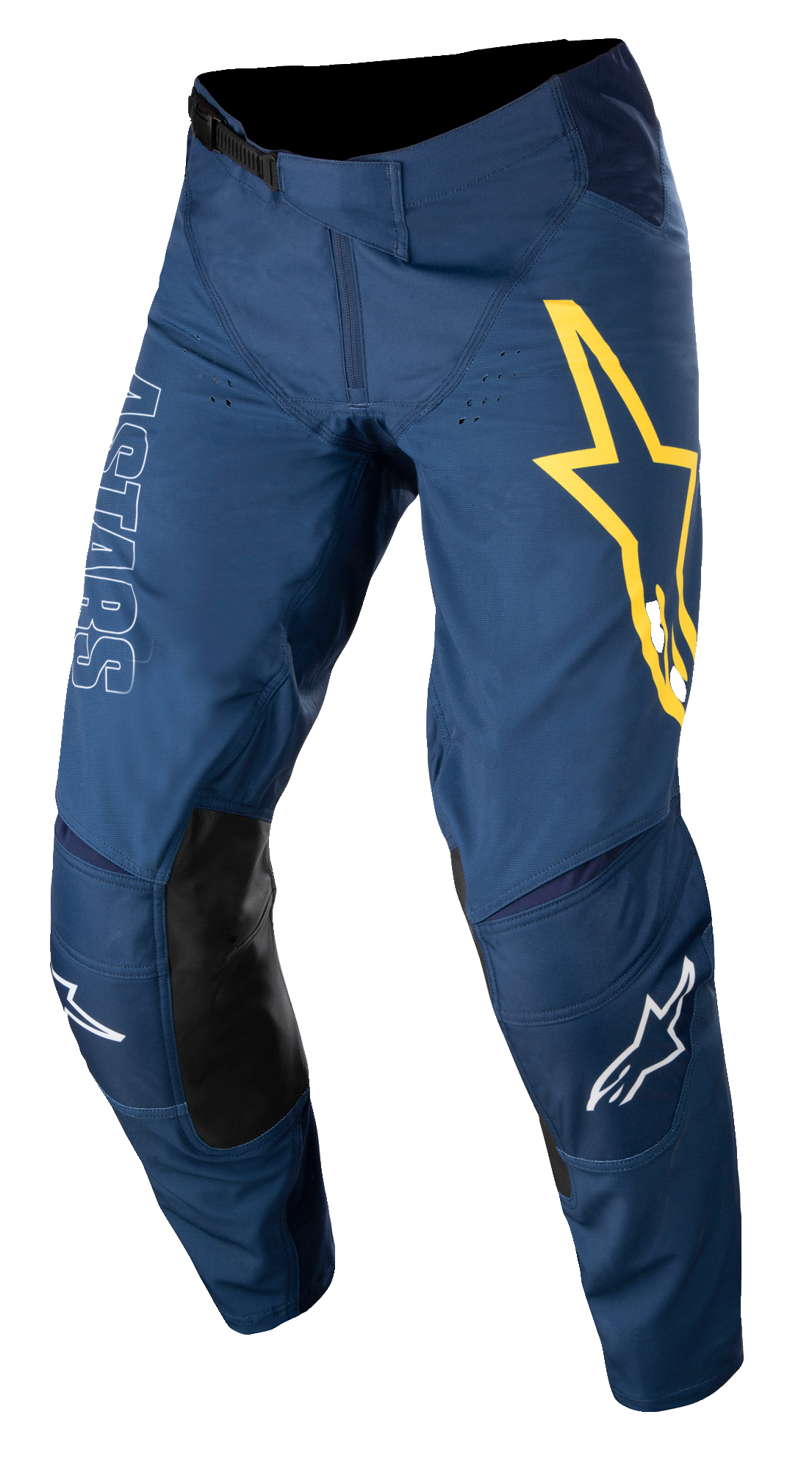 Alpinestars Techstar Phantom Pants, spodnie motocrossowe, ciemnoniebieskie z żółtymi i białymi akcentami, czarne skórzane panele na kolanach, duże żółte logo gwiazdy na udzie, białe oznaczenia ASTARS, wytrzymała tkanina stretch rip-stop do wyścigów off-road