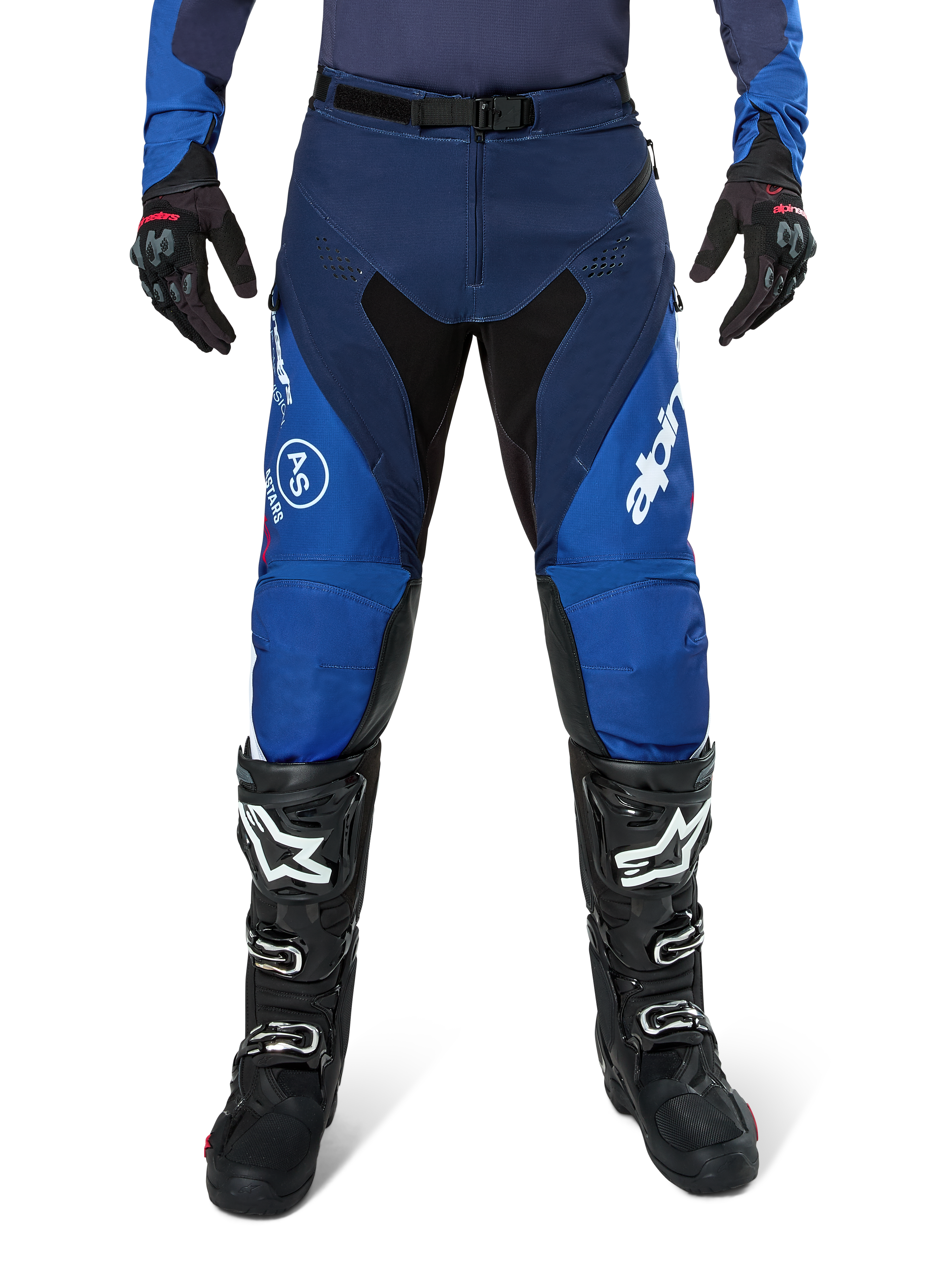 Alpinestars Pro-Dura Pants, spodnie motocrossowe, granatowe i jasnoniebieskie z białymi akcentami, widok z przodu, noszone z czarnymi butami i rękawicami, techniczny design do jazdy enduro i off-road