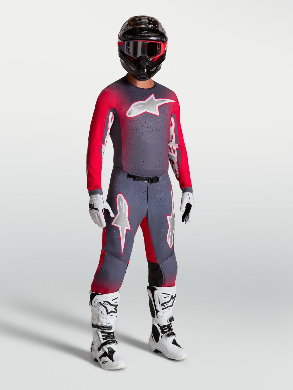 Alpinestars Supertech Hiten AFD, męskie spodnie i zestaw motocrossowy, szare i czerwone fluo, wyścigowa odzież off-road.