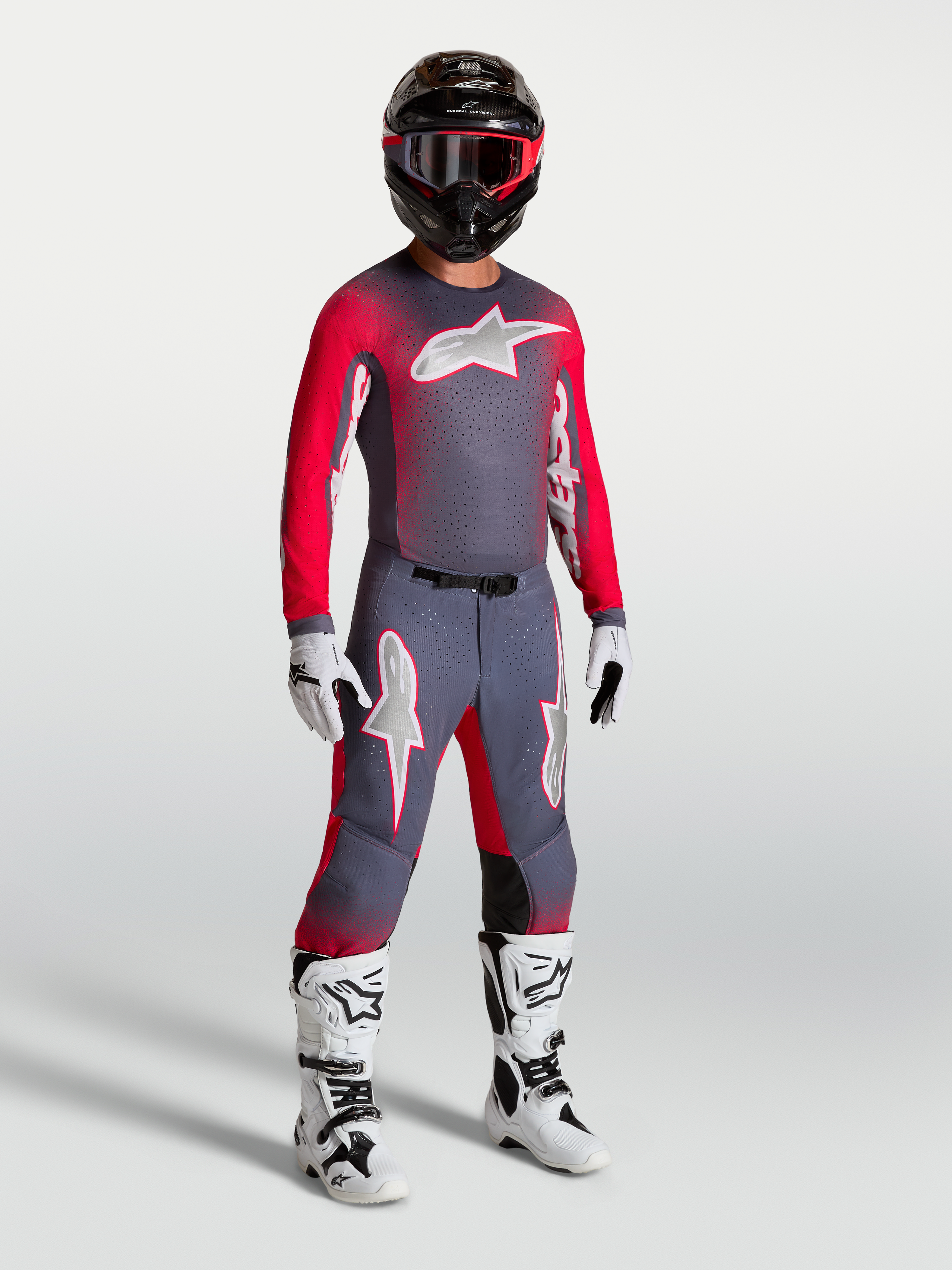 Alpinestars Supertech Hiten AFD, męskie spodnie i zestaw motocrossowy, szare i czerwone fluo, wyścigowa odzież off-road.