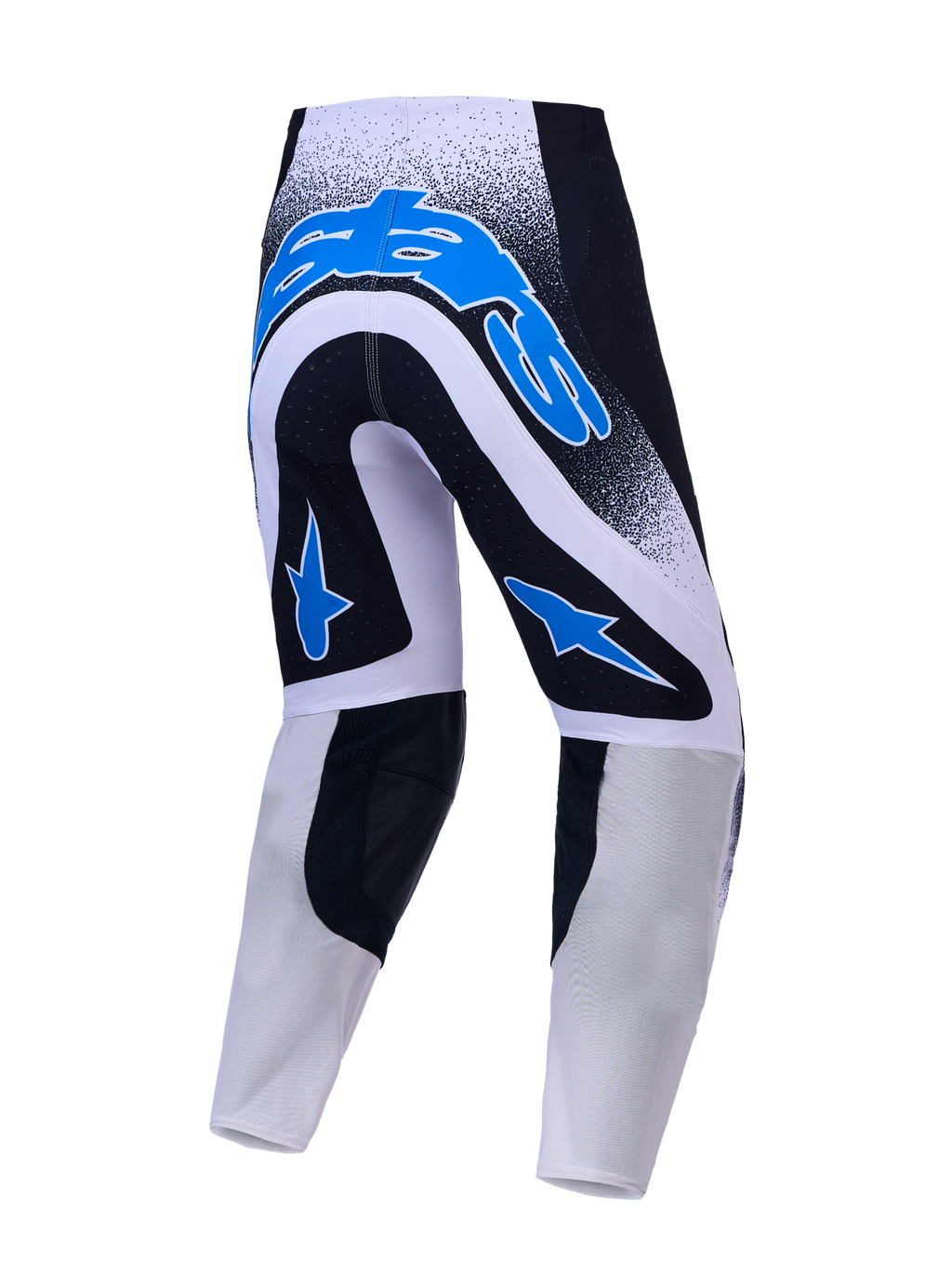 Alpinestars Supertech Hiten AFD, spodnie motocrossowe, widok z tyłu, czarne, białe i niebieskie, elastyczna siateczka
