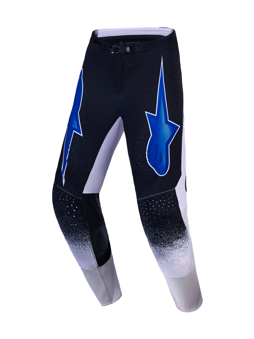 Alpinestars Supertech Hiten AFD, spodnie motocrossowe, czarne i białe, niebieska grafika gwiazdy, wentylowany materiał
