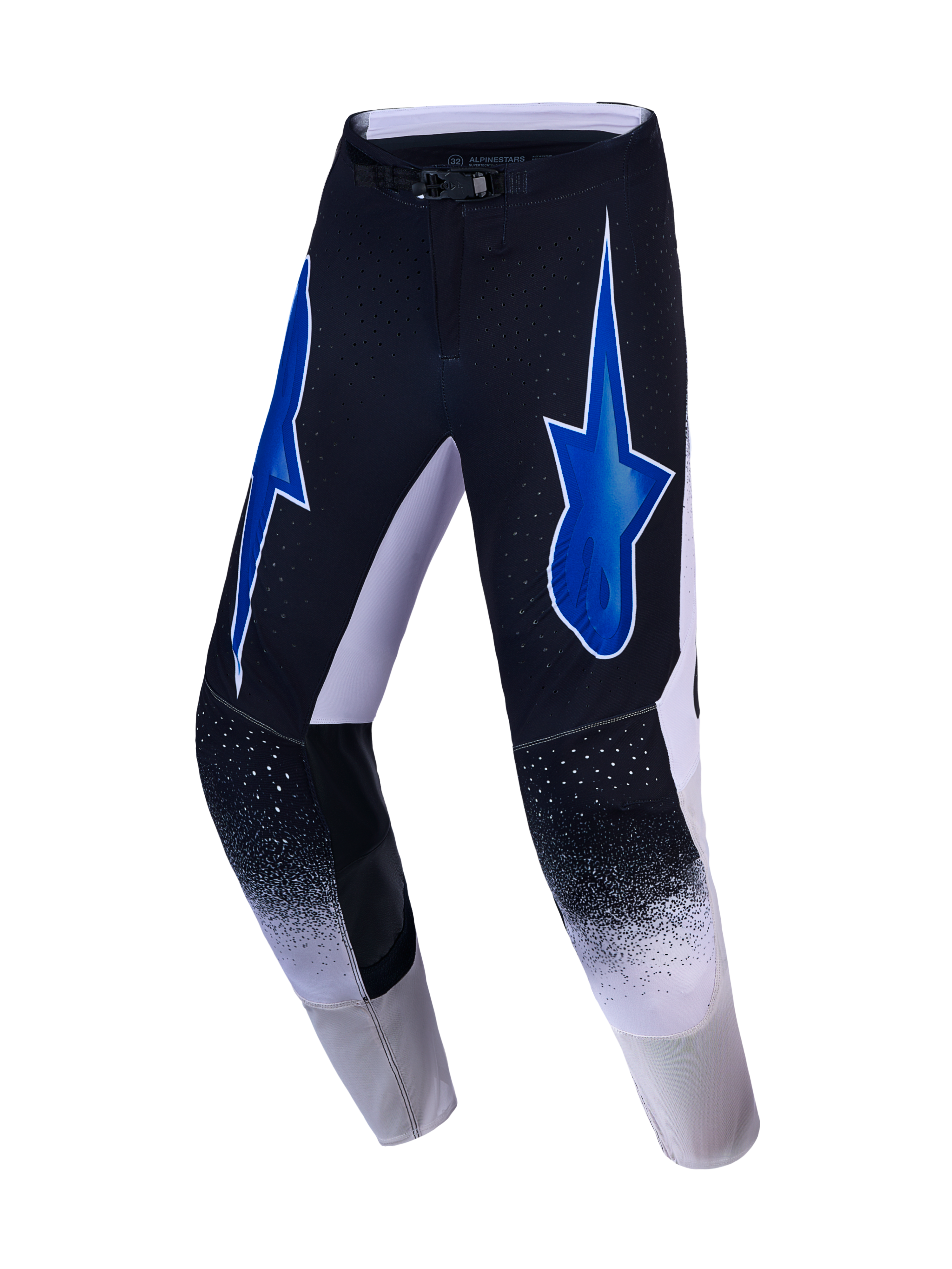 Alpinestars Supertech Hiten AFD Pants, men's black and blue motocross racing pants with athletic stretch and star logos.
