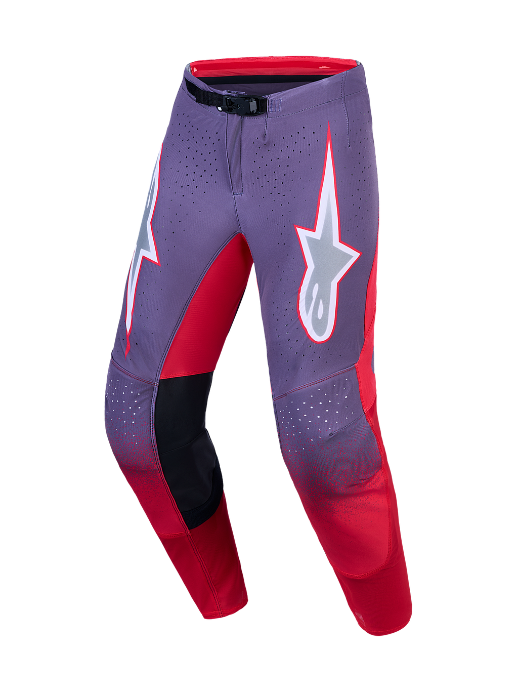 Alpinestars Supertech Hiten AFD, spodnie motocrossowe, fioletowe i czerwone, laserowo wycinana wentylacja i precyzyjny krój wyścigowy.