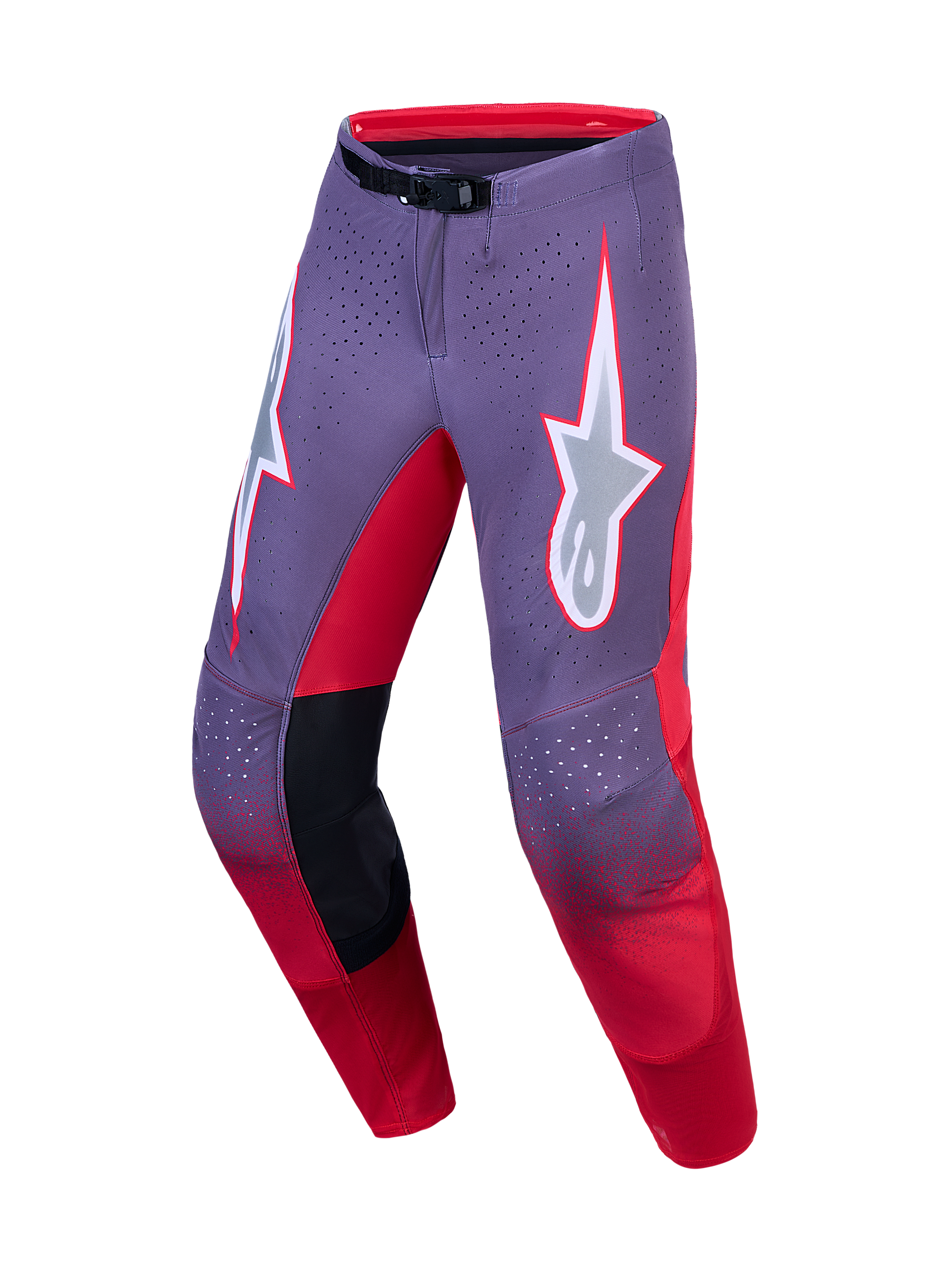 Alpinestars Supertech Hiten AFD, spodnie motocrossowe, fioletowe i czerwone, laserowo wycinana wentylacja i precyzyjny krój wyścigowy.