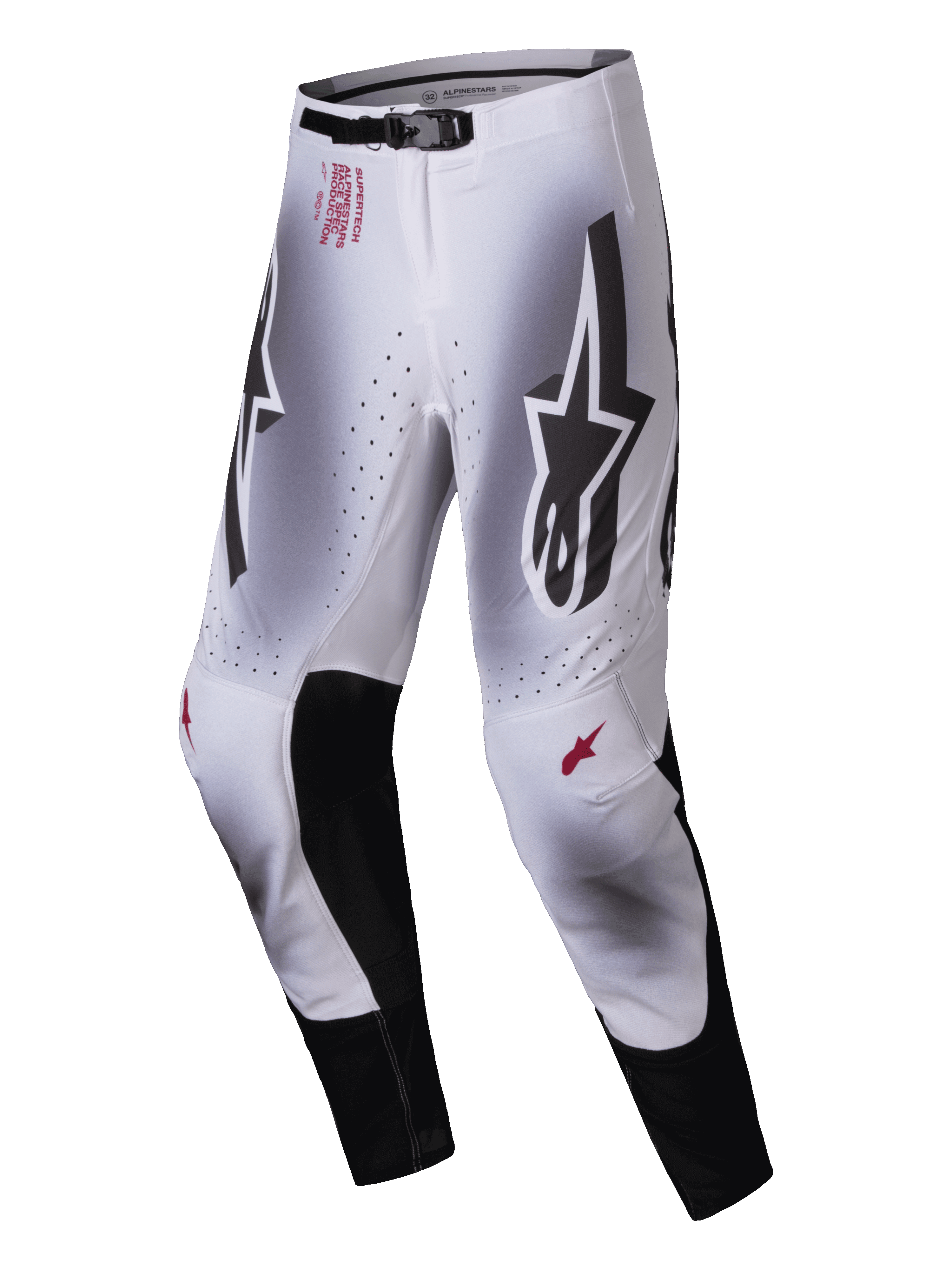 Alpinestars Supertech Maker Pants 2025, spodnie motocrossowe, srebrno-czarne, duże czarne logo Astars na udach, czerwony branding techniczny na biodrze, czarne skórzane panele wewnętrzne na kolanach, perforowane strefy wentylacyjne