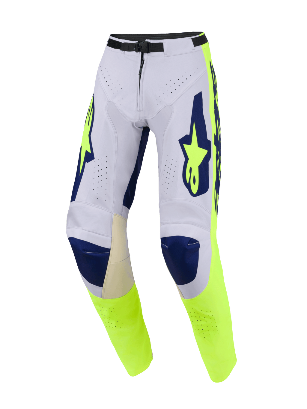 Alpinestars Racer Air Riway Pants 2026, spodnie motocrossowe, jasnoszare, żółte fluo i niebieskie, z rozległymi perforacjami dla przepływu powietrza, ciemnoniebieskie sekcje na kolanach, fluorescencyjne żółte panele boczne z wyraźnym brandingiem, wyczynowy design off-road.