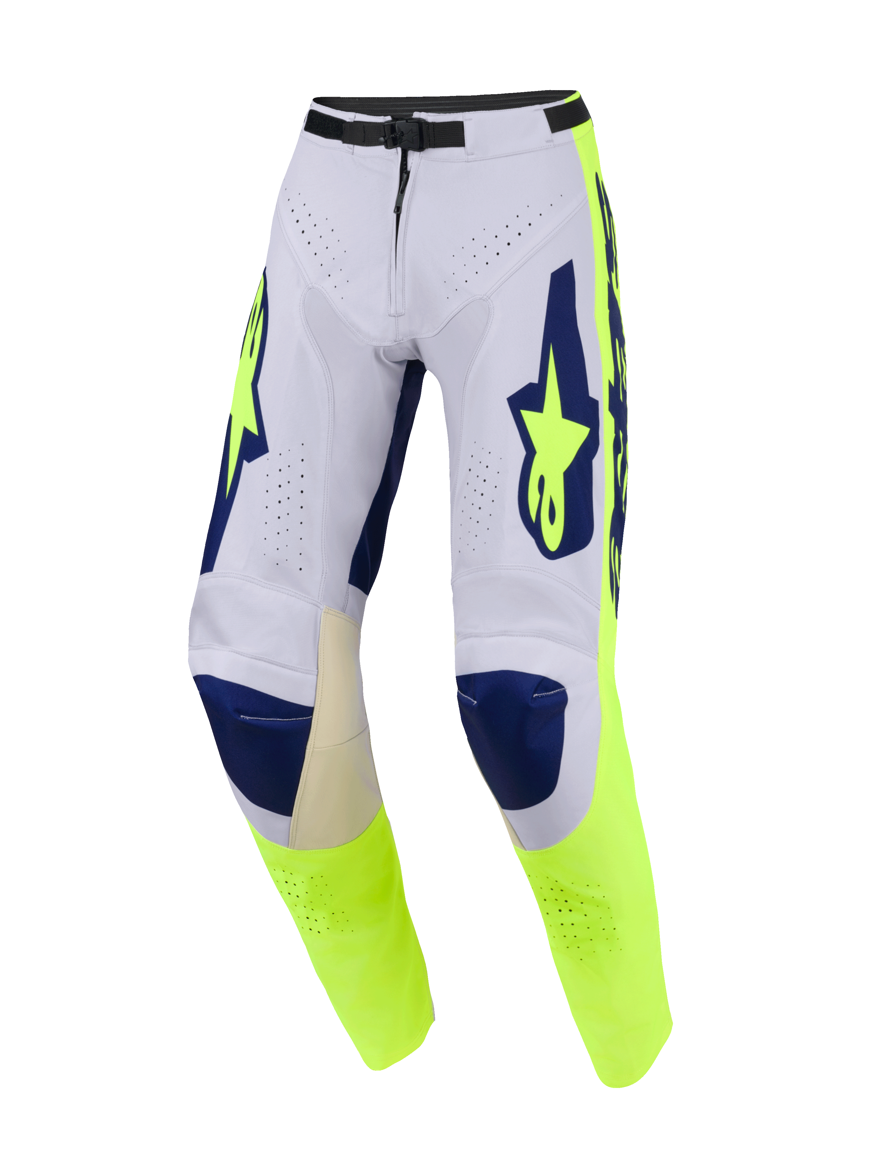Alpinestars Racer Air Riway Pants 2026, spodnie motocrossowe, jasnoszare, żółte fluo i niebieskie, z rozległymi perforacjami dla przepływu powietrza, ciemnoniebieskie sekcje na kolanach, fluorescencyjne żółte panele boczne z wyraźnym brandingiem, wyczynowy design off-road.