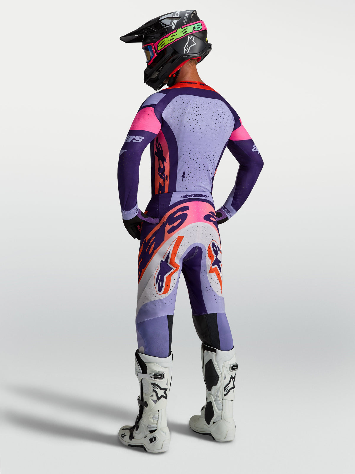 Alpinestars Spodnie Supertech Dyna i Supertech Dyna Gear Set, fioletowe i różowe fluo, męska odzież MX, widok z tyłu.