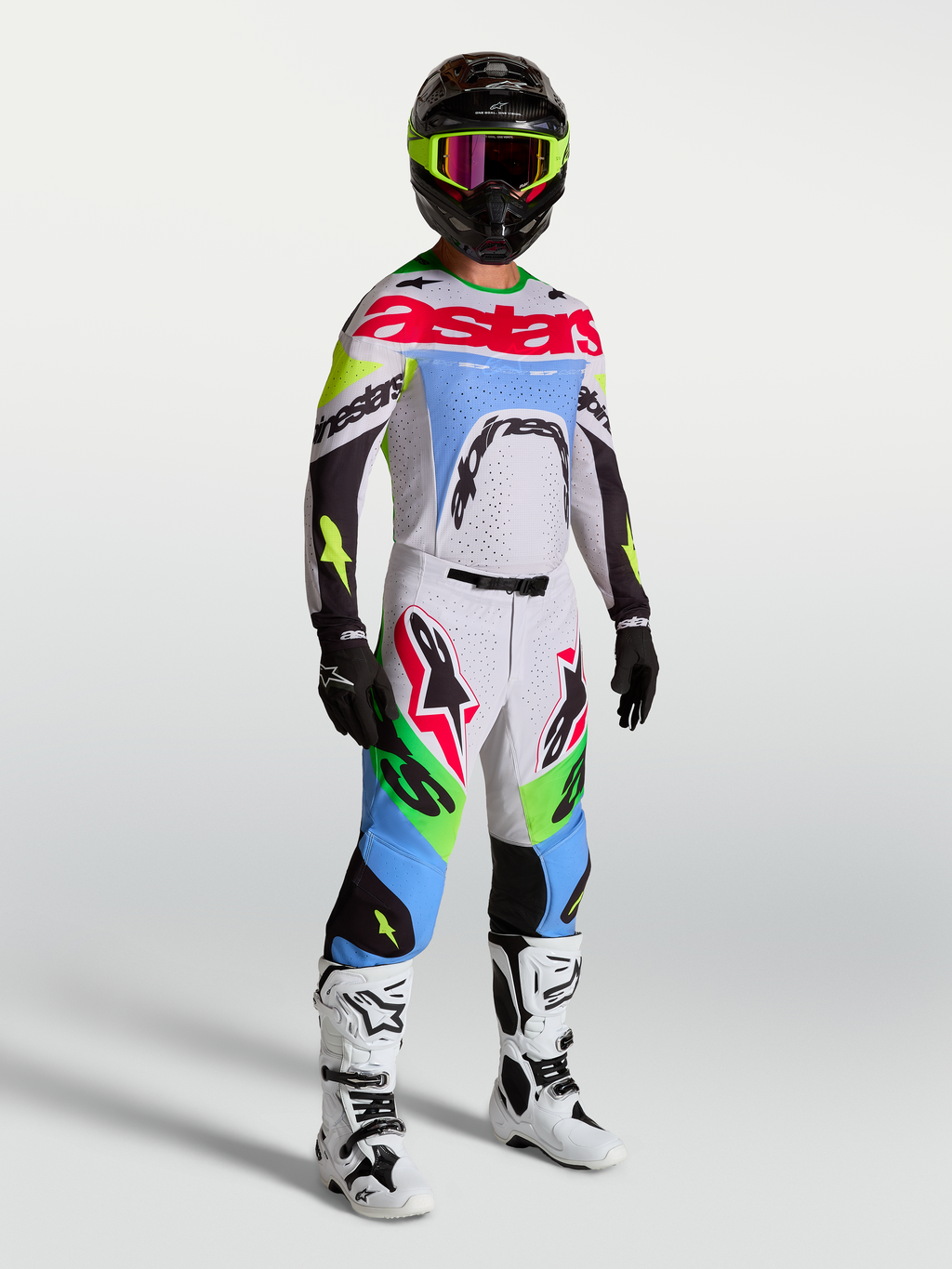 Spodnie Supertech Dyna Alpinestars, męskie spodnie motocrossowe, jasnofioletowe i zielone fluo, zestaw wyścigowy na modelu