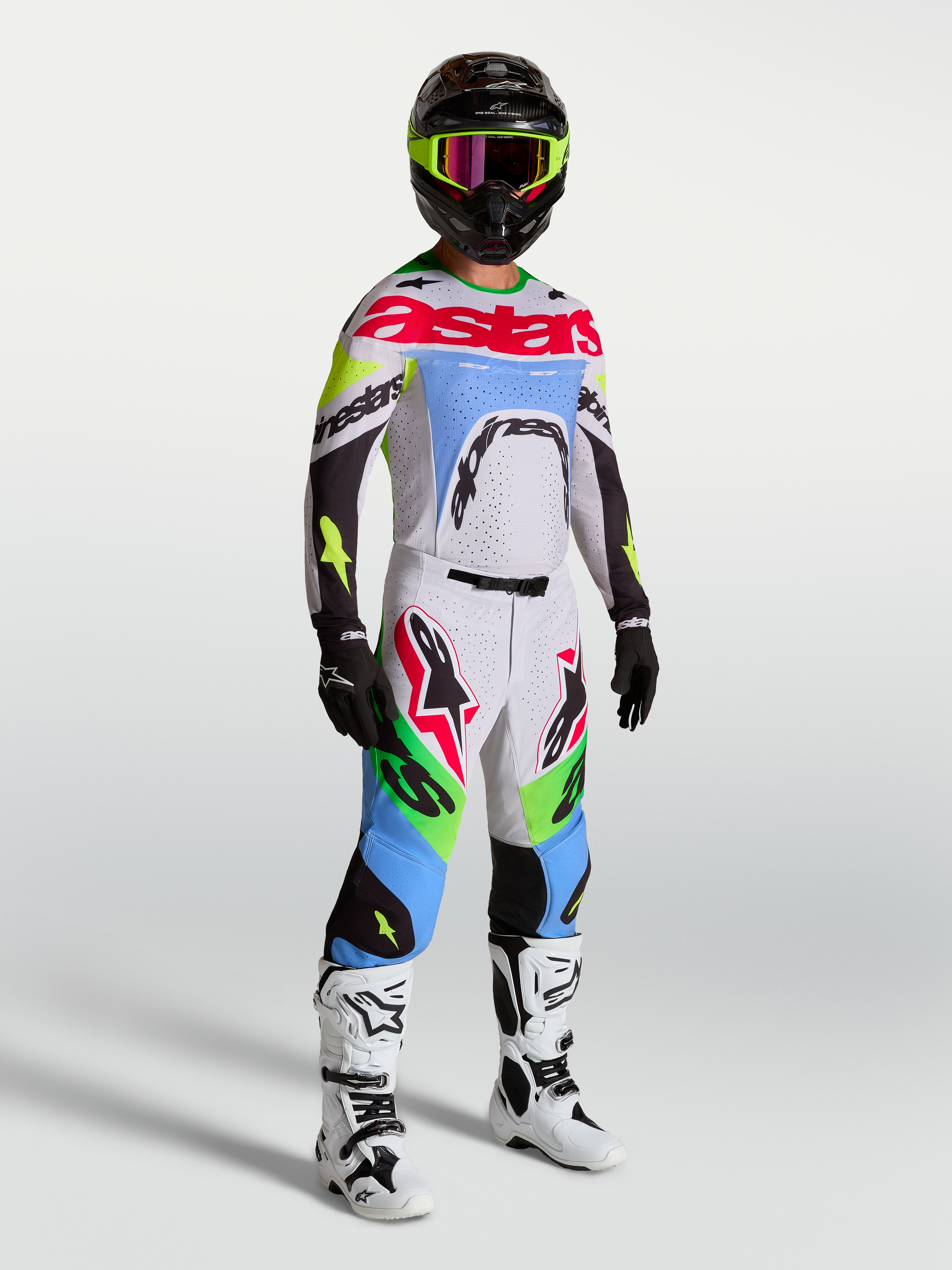 Spodnie Supertech Dyna Alpinestars, męskie spodnie motocrossowe, jasnofioletowe i zielone fluo, zestaw wyścigowy na modelu